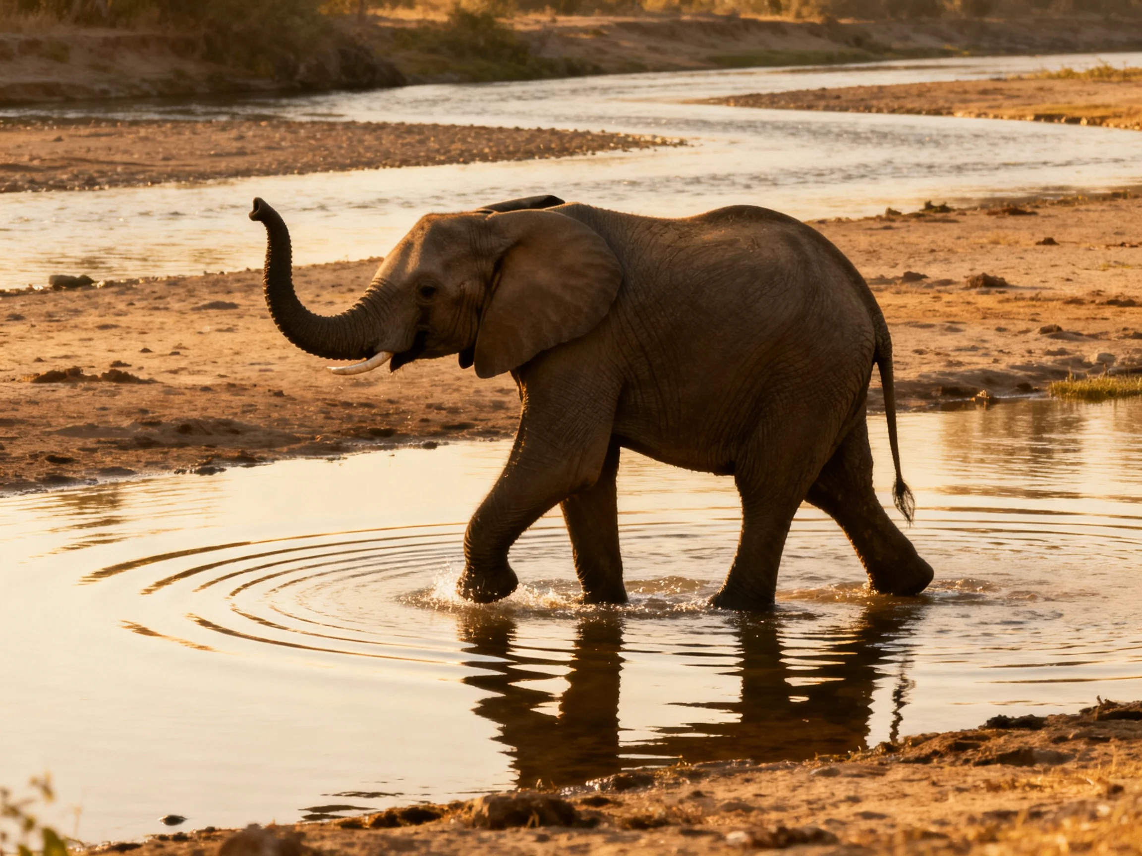 A young elephant wades through shallow river waters at sunset