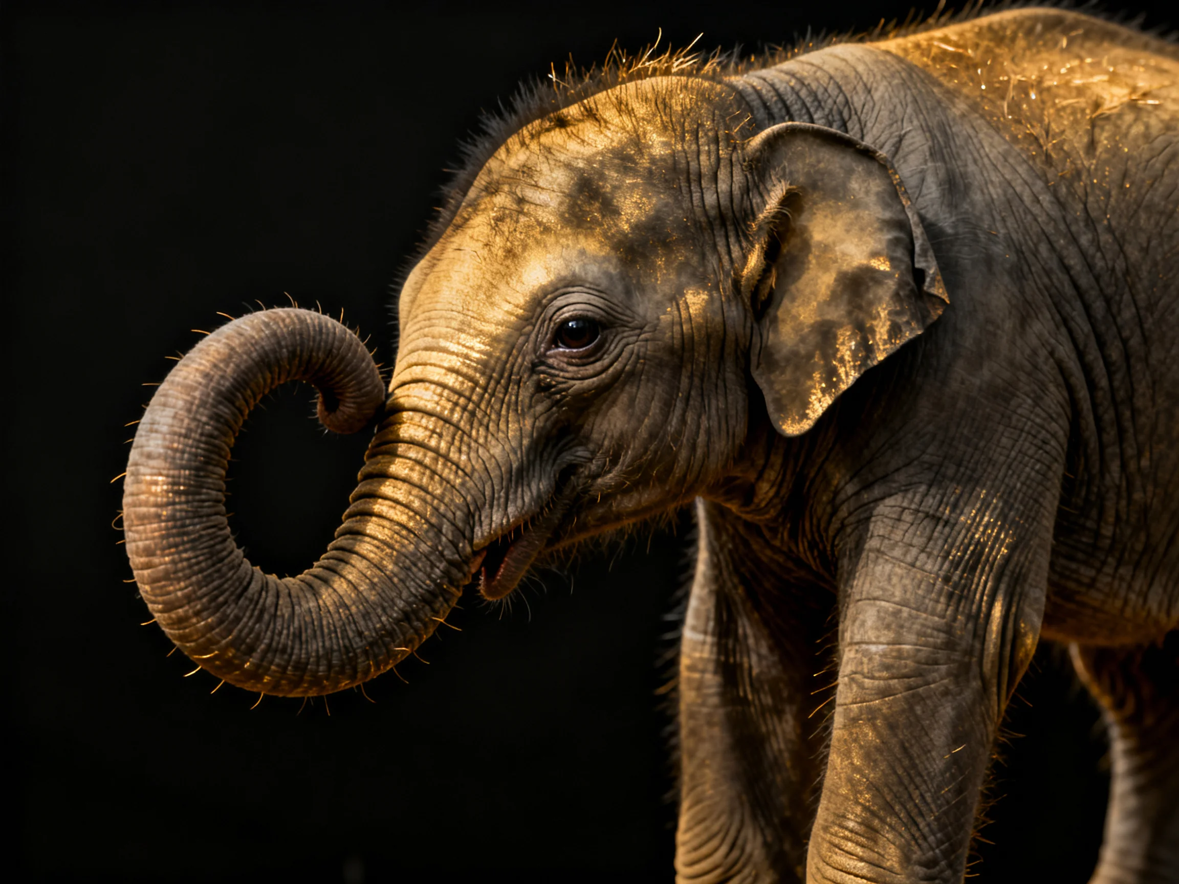 A young elephant with a curled trunk, illuminated by golden light against a dark backdrop