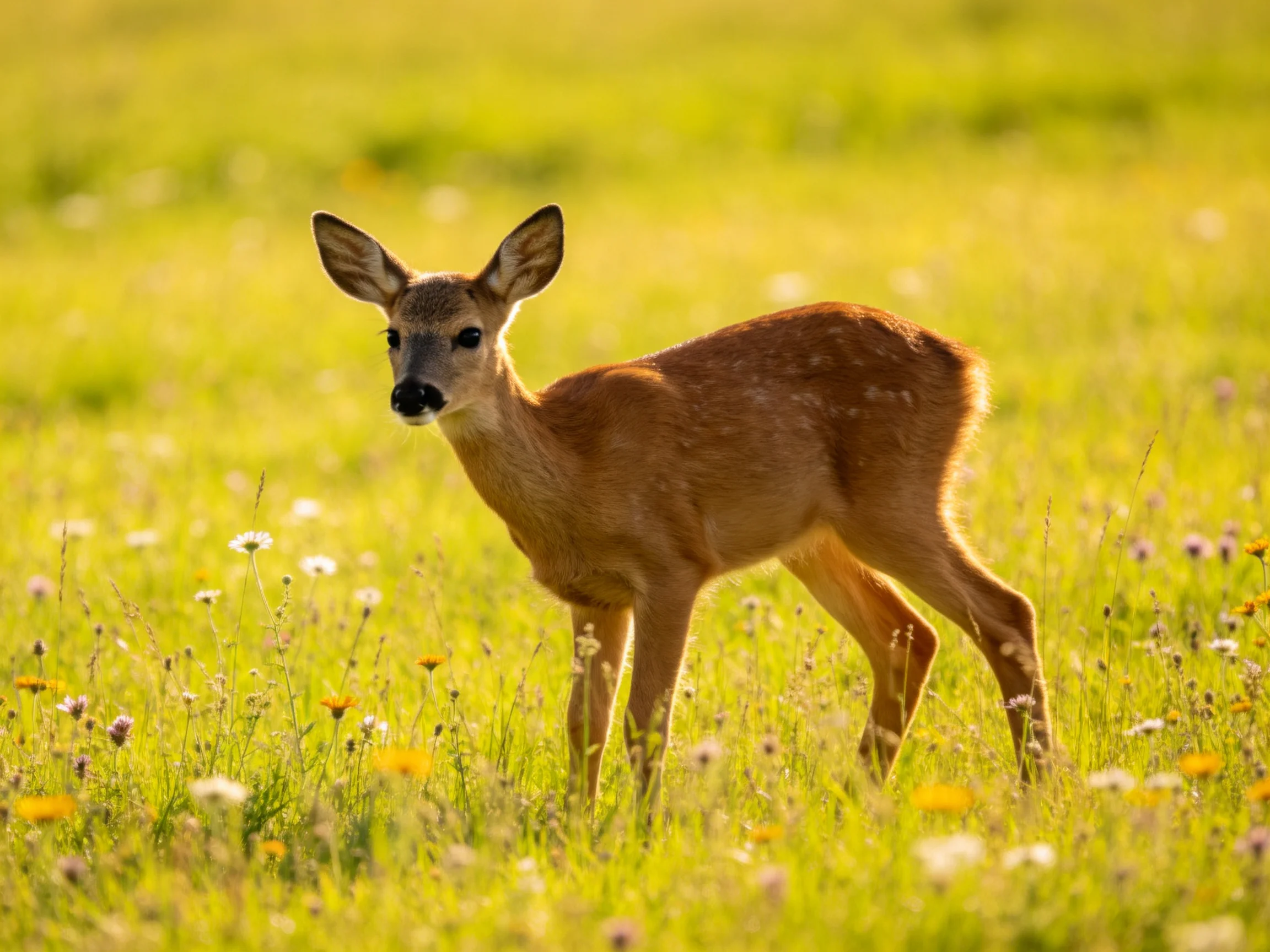 A young fawn in a sunlit meadow of wildflowers