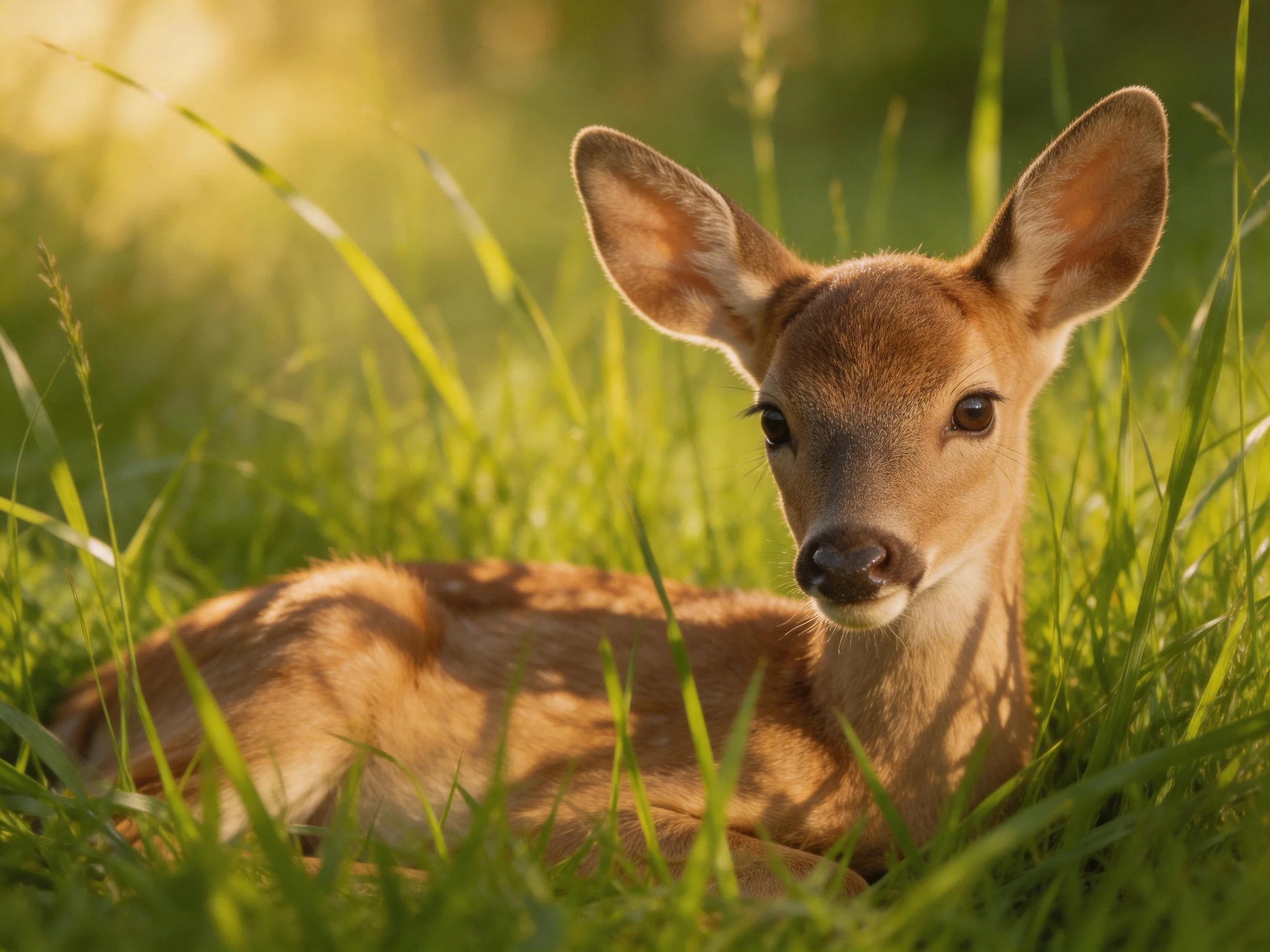A young fawn lies peacefully in tall green grass under sunny light.