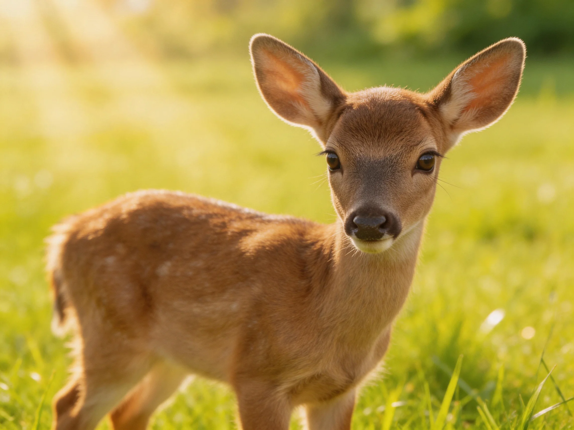A young deer stands in a sunlit grassy landscape.