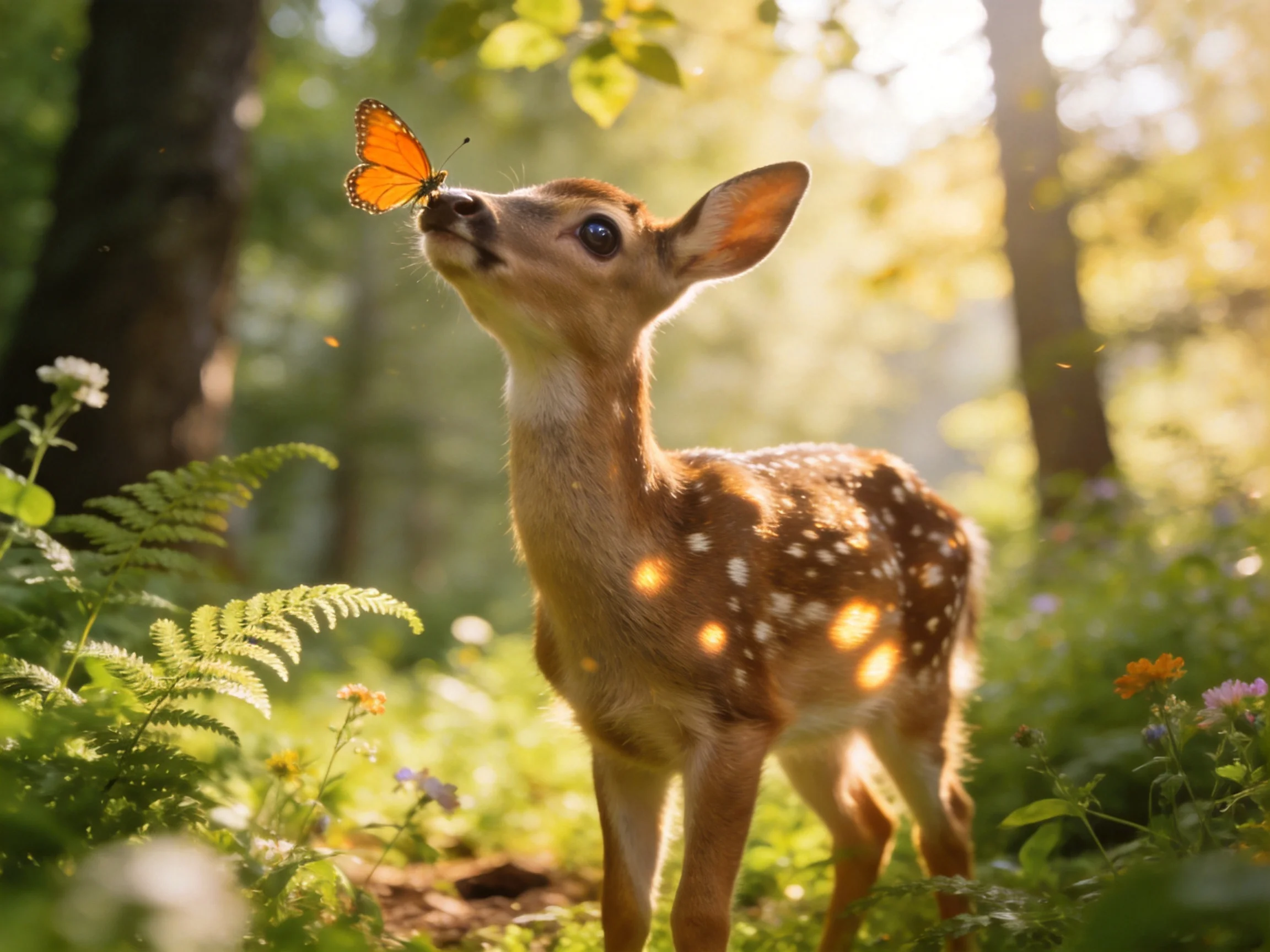 A young fawn with white spots interacts with an orange butterfly in a sunlit forest