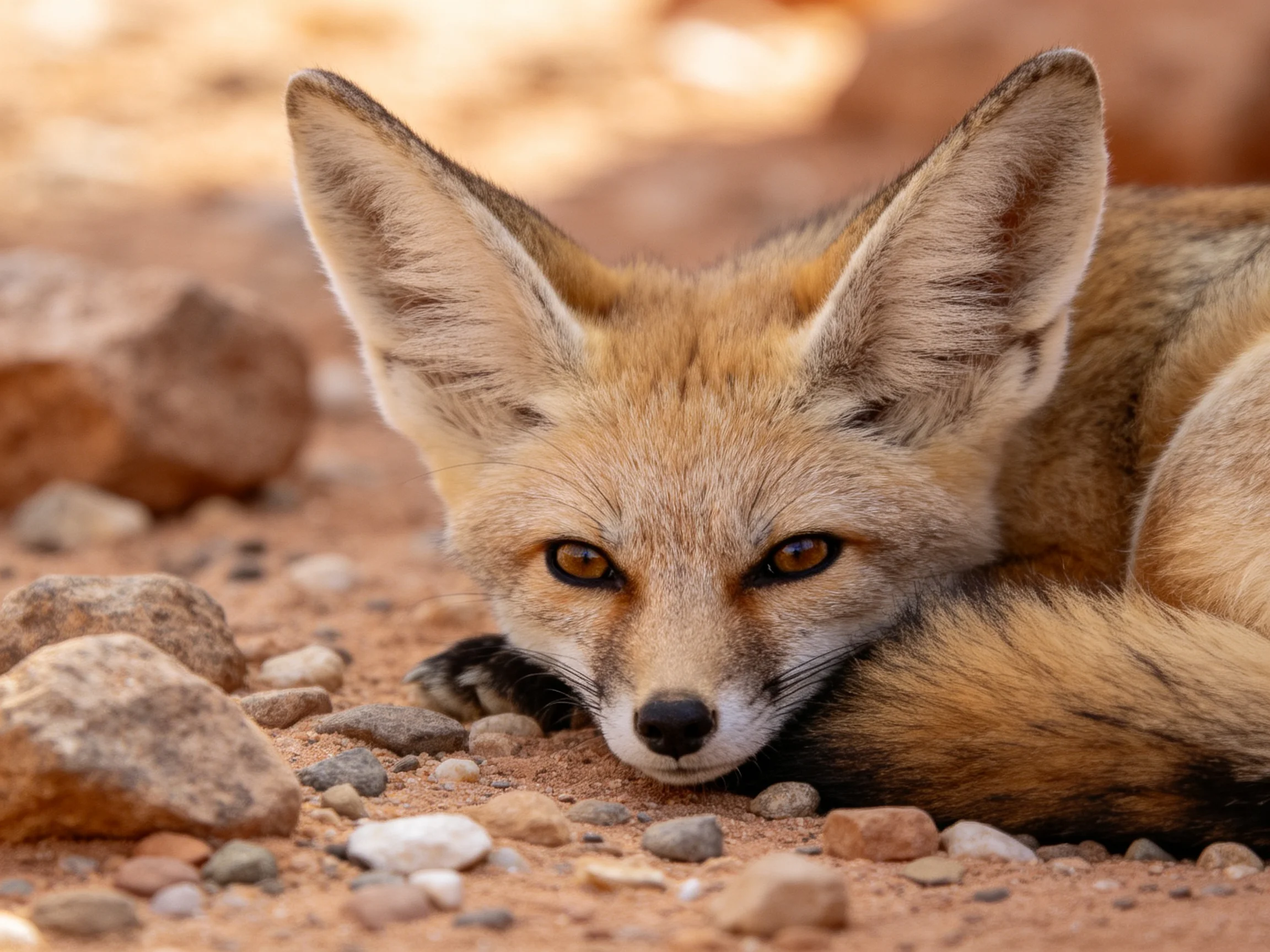 A young fennec fox rests near scattered rocks on sandy ground.