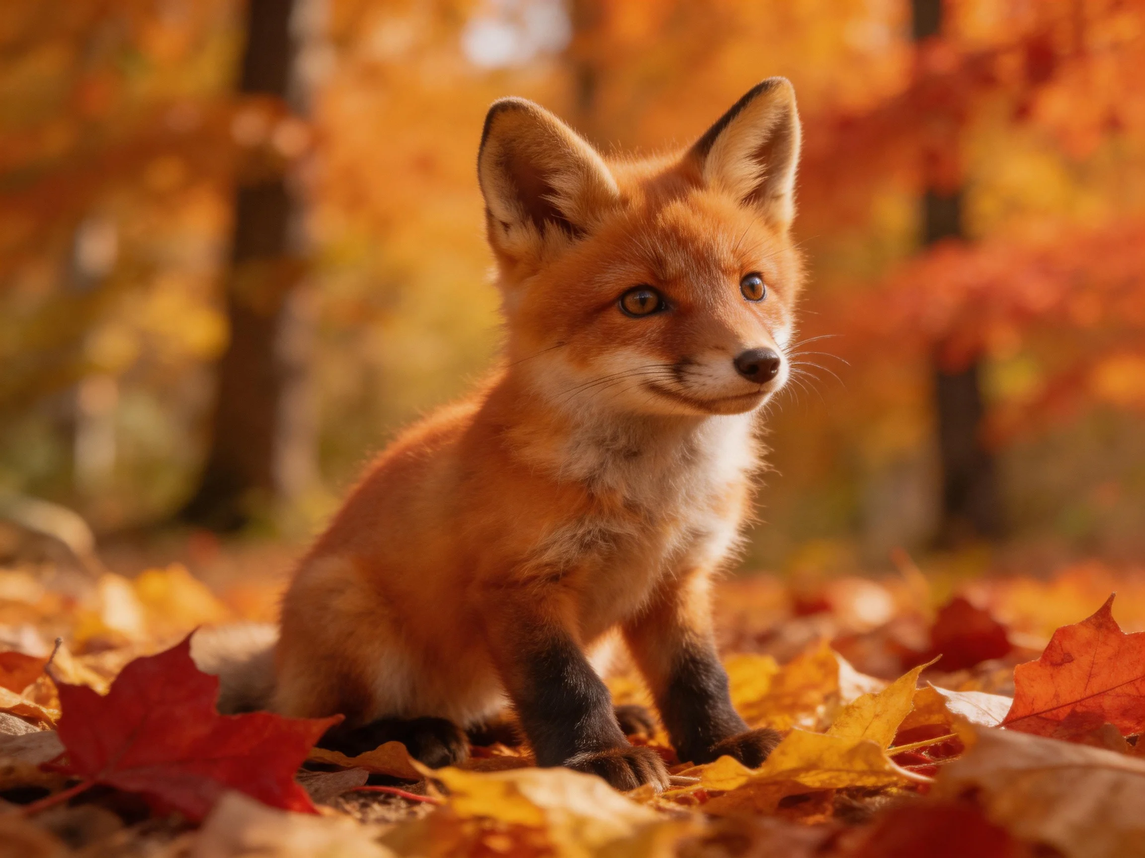 A young fox cub amid vibrant autumn leaves in a sunlit forest