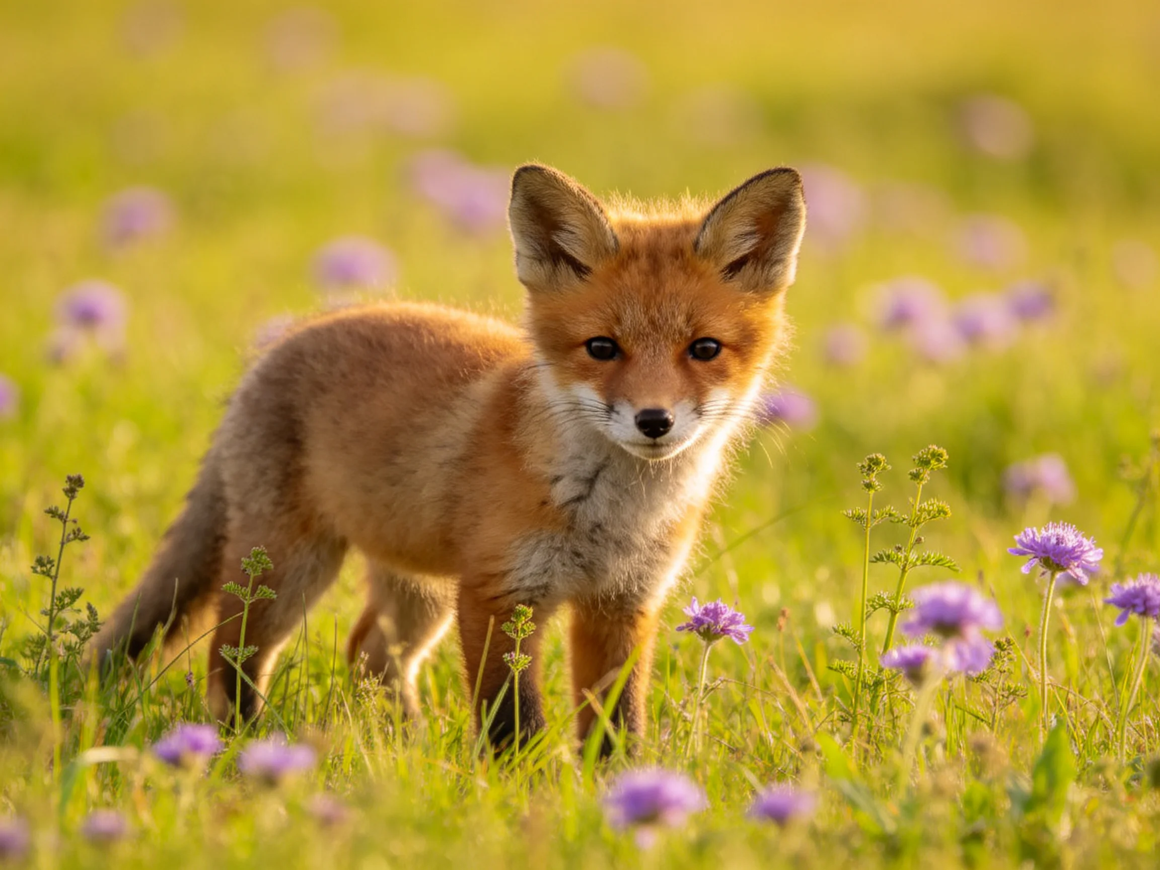 A young fox cub amid vibrant purple wildflowers in a sunlit meadow