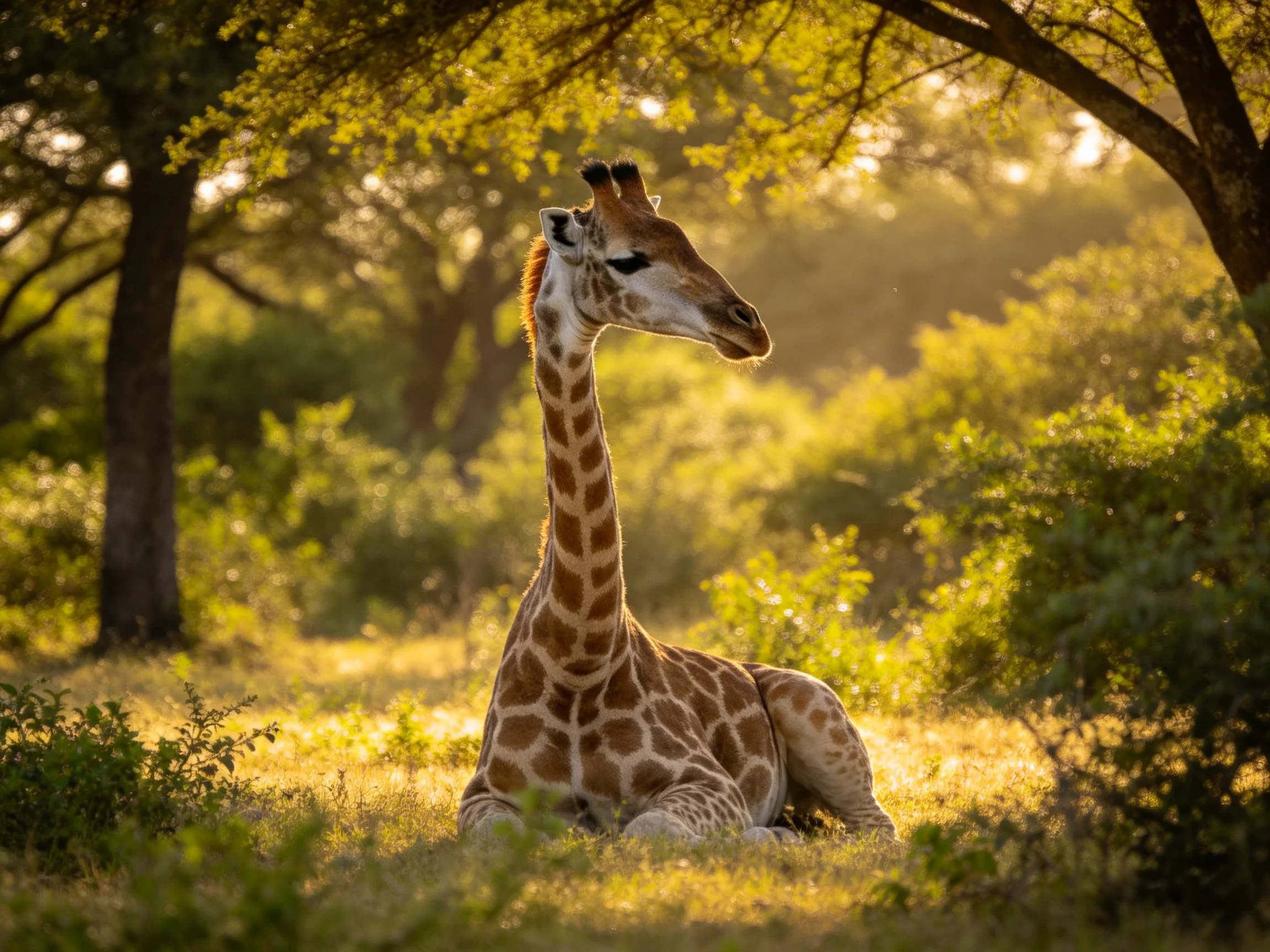 A young giraffe rests amid golden savannah foliage