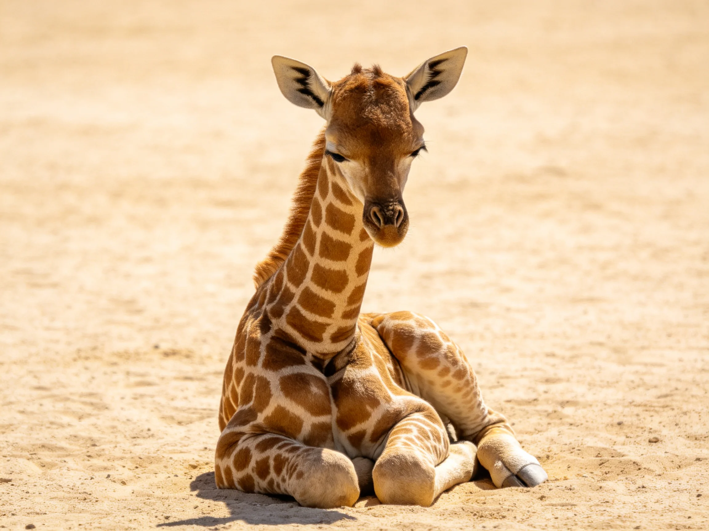 A young giraffe sits calmly on sandy ground in bright daylight.