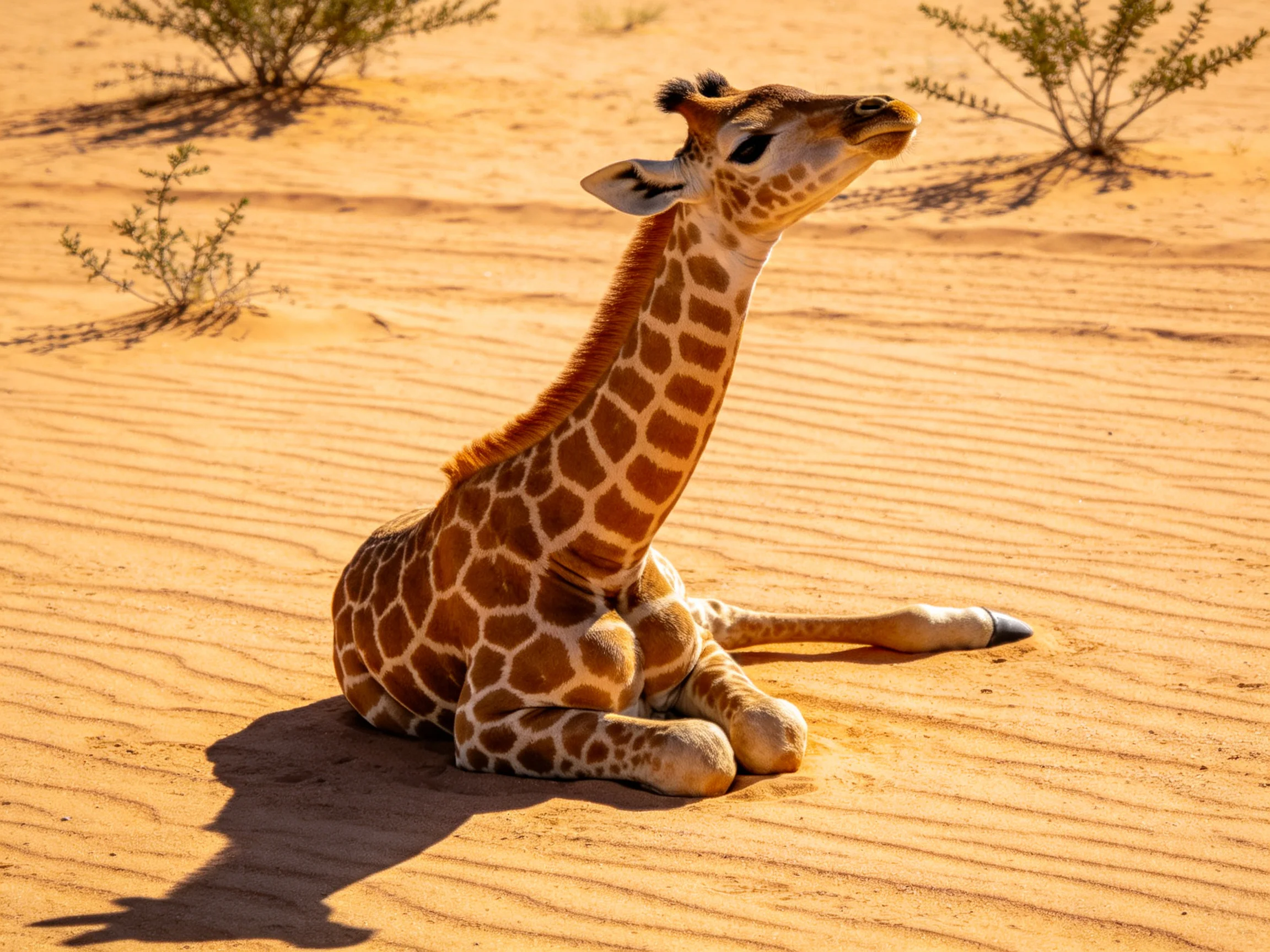 A young giraffe sits on golden sandy terrain with scattered shrubs