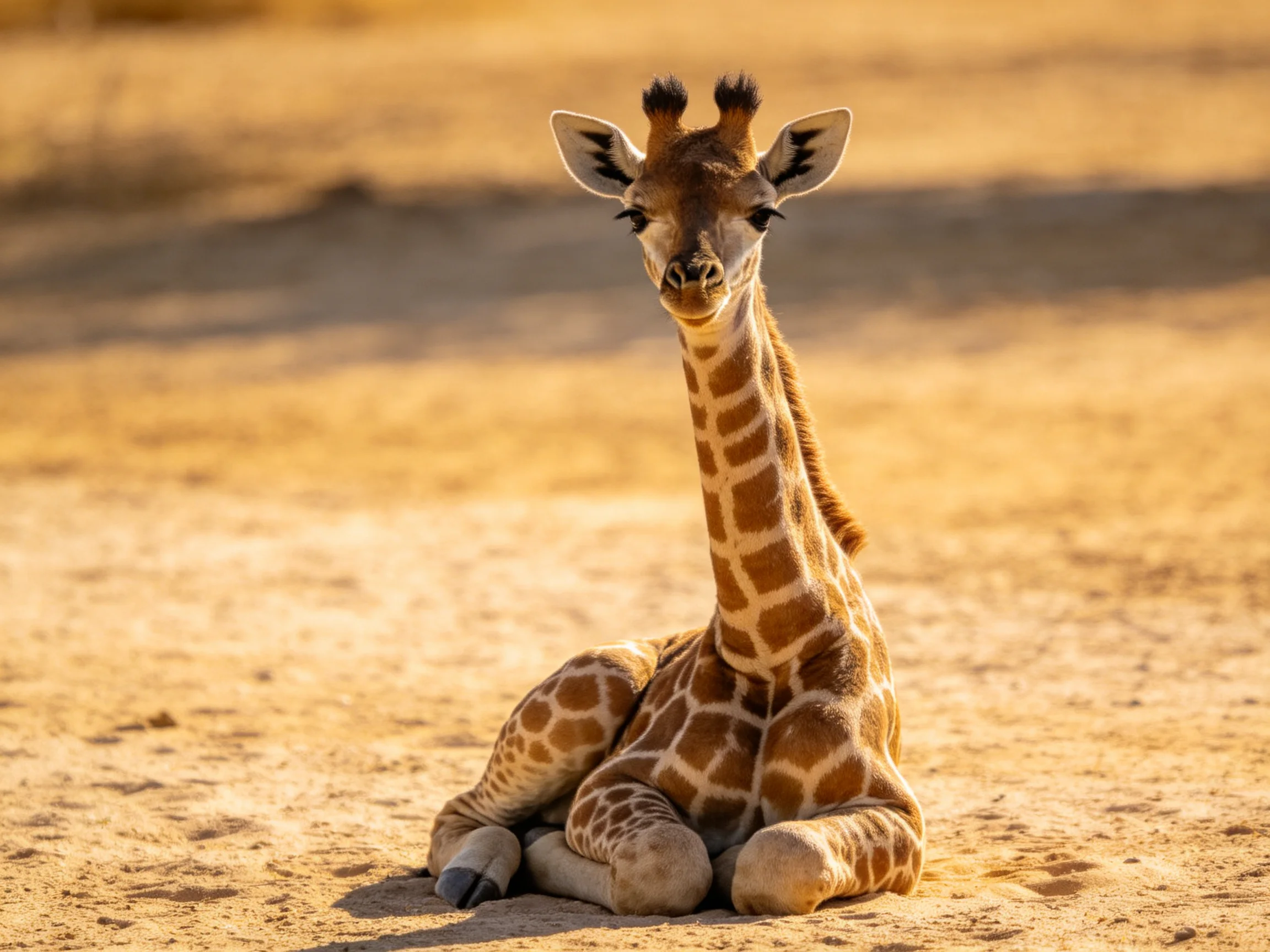 A young giraffe rests on sunlit sandy ground.