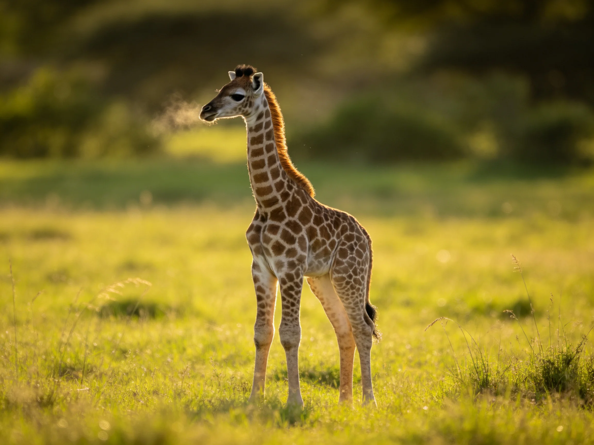 A young giraffe stands alone in a sunlit green savannah