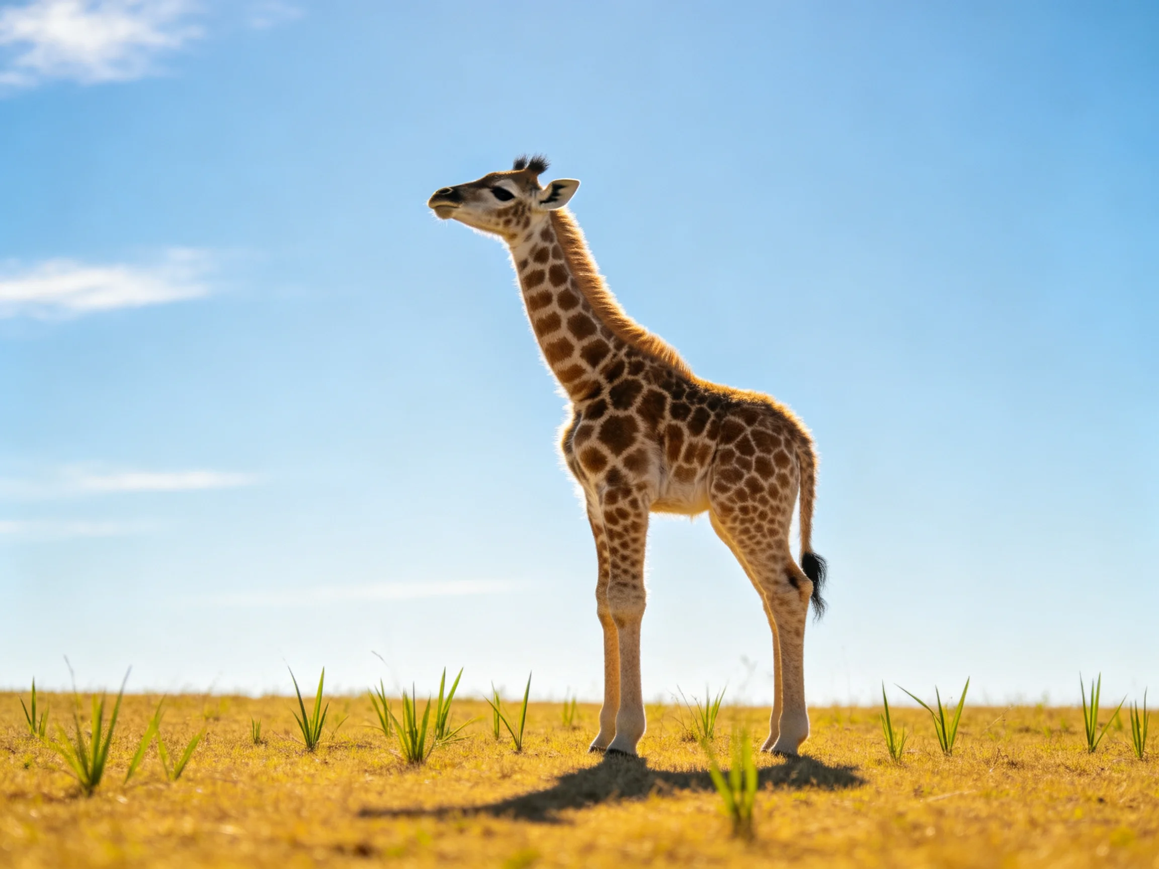 A young giraffe stands alone on golden savannah under bright blue sky