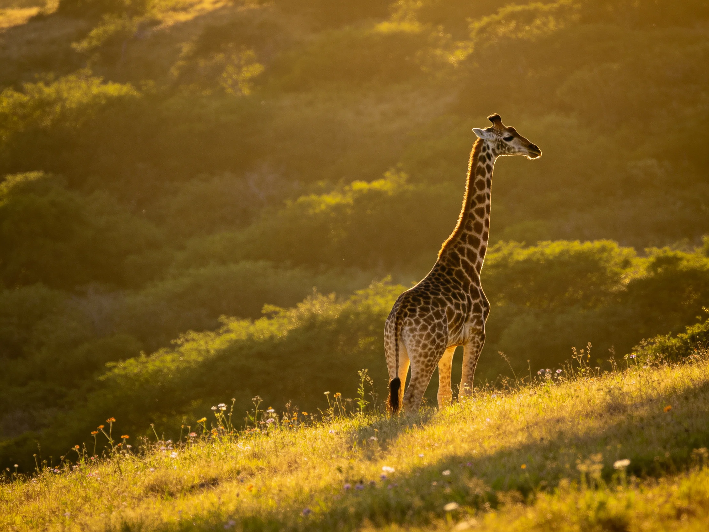 A young giraffe stands amid golden light and dense green foliage