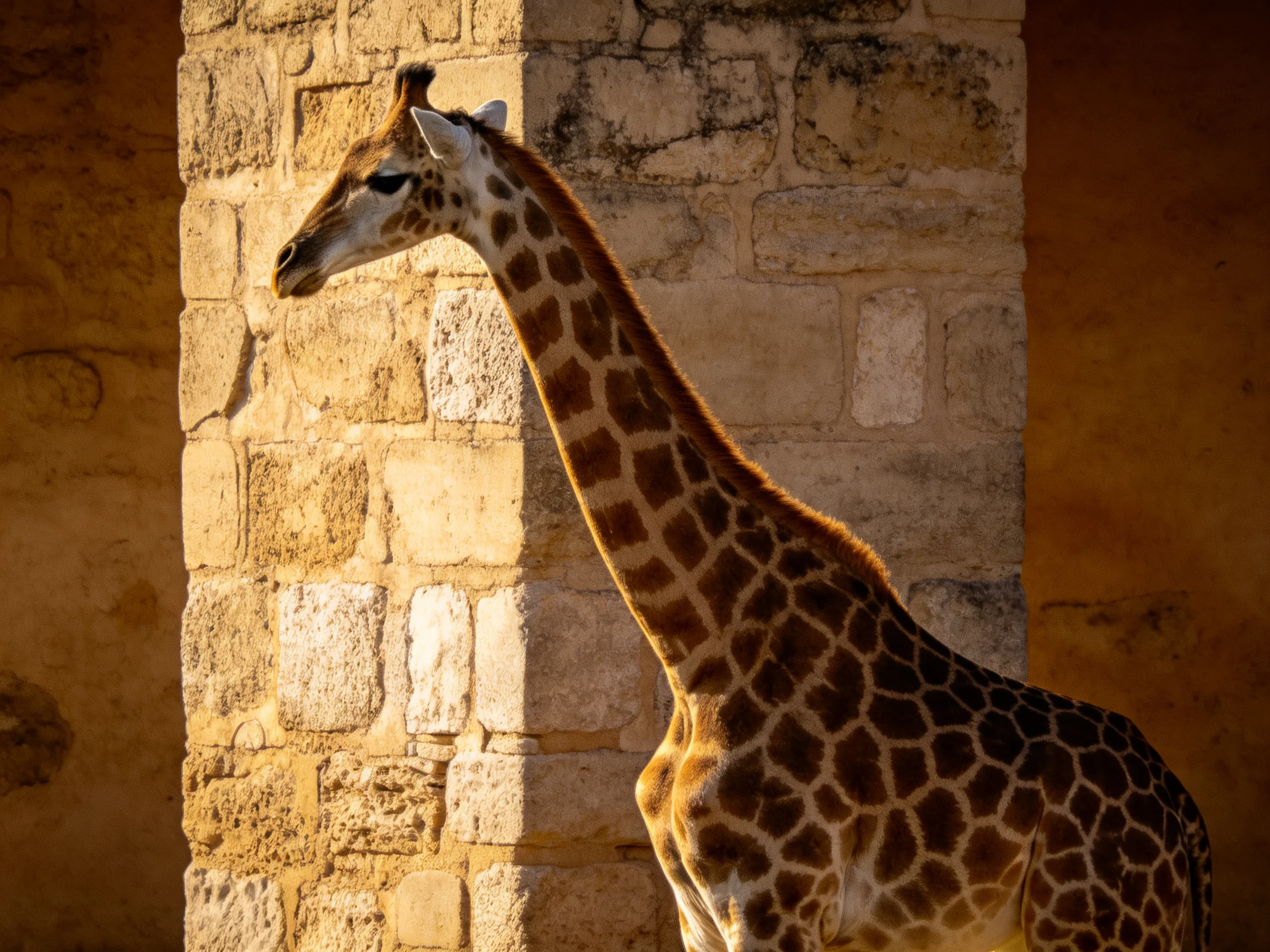 A young giraffe stands beside an aged stone wall with warm golden lighting
