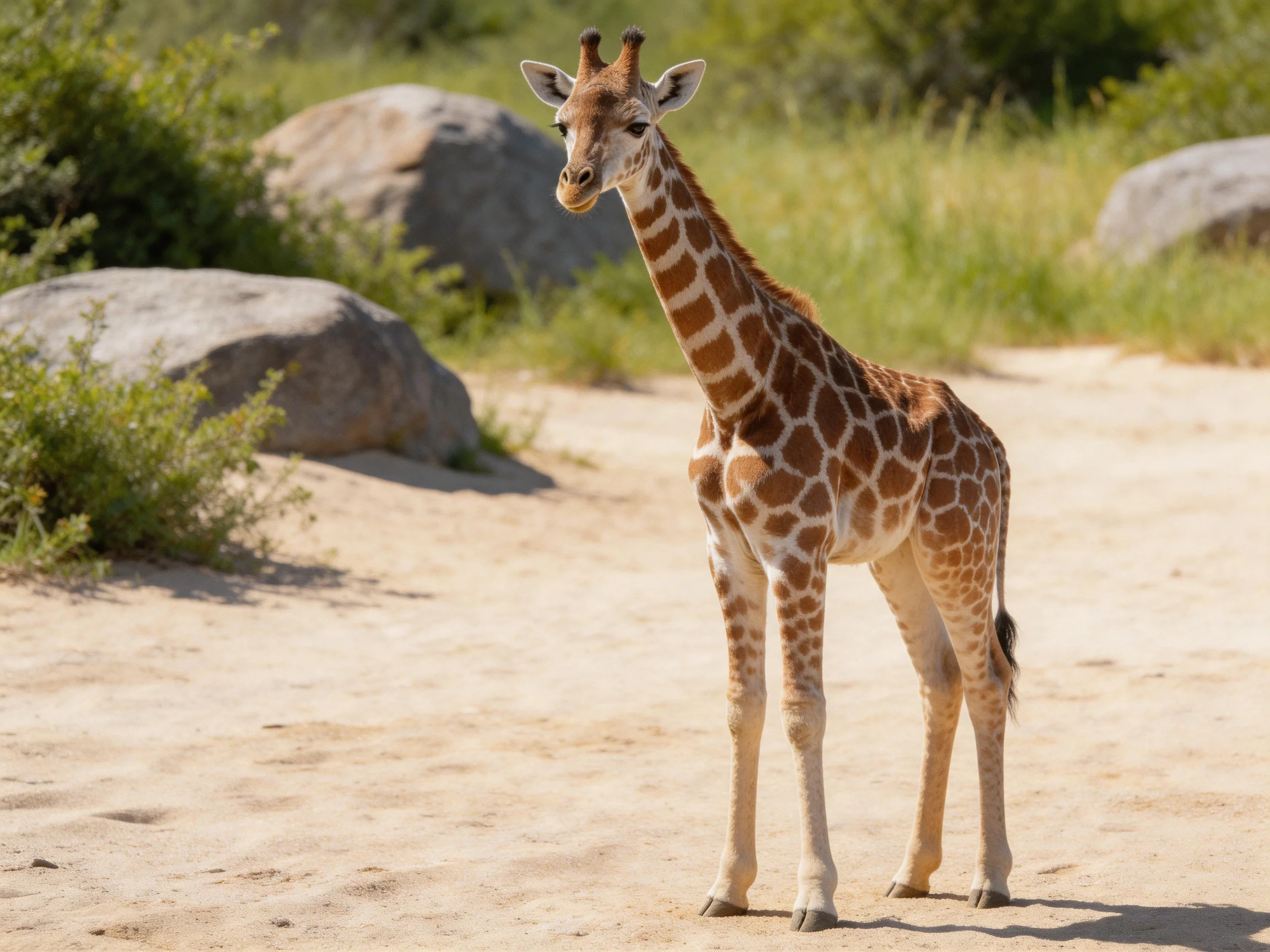 A young giraffe stands on sandy ground amid rocks and greenery.