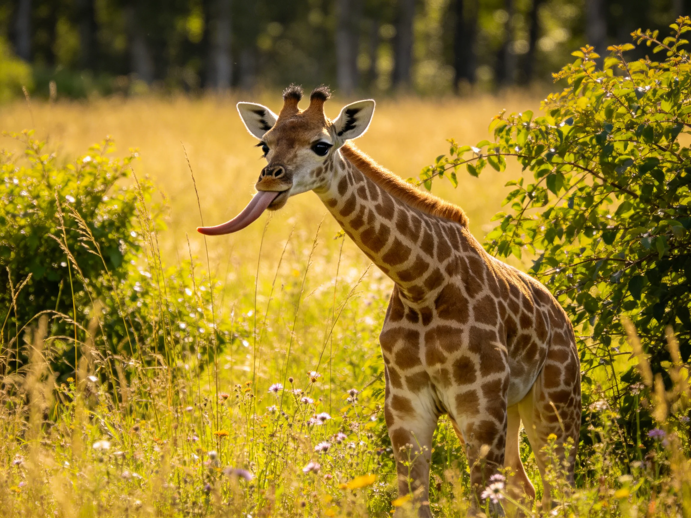 A young giraffe sticks out its tongue in a sunlit savannah