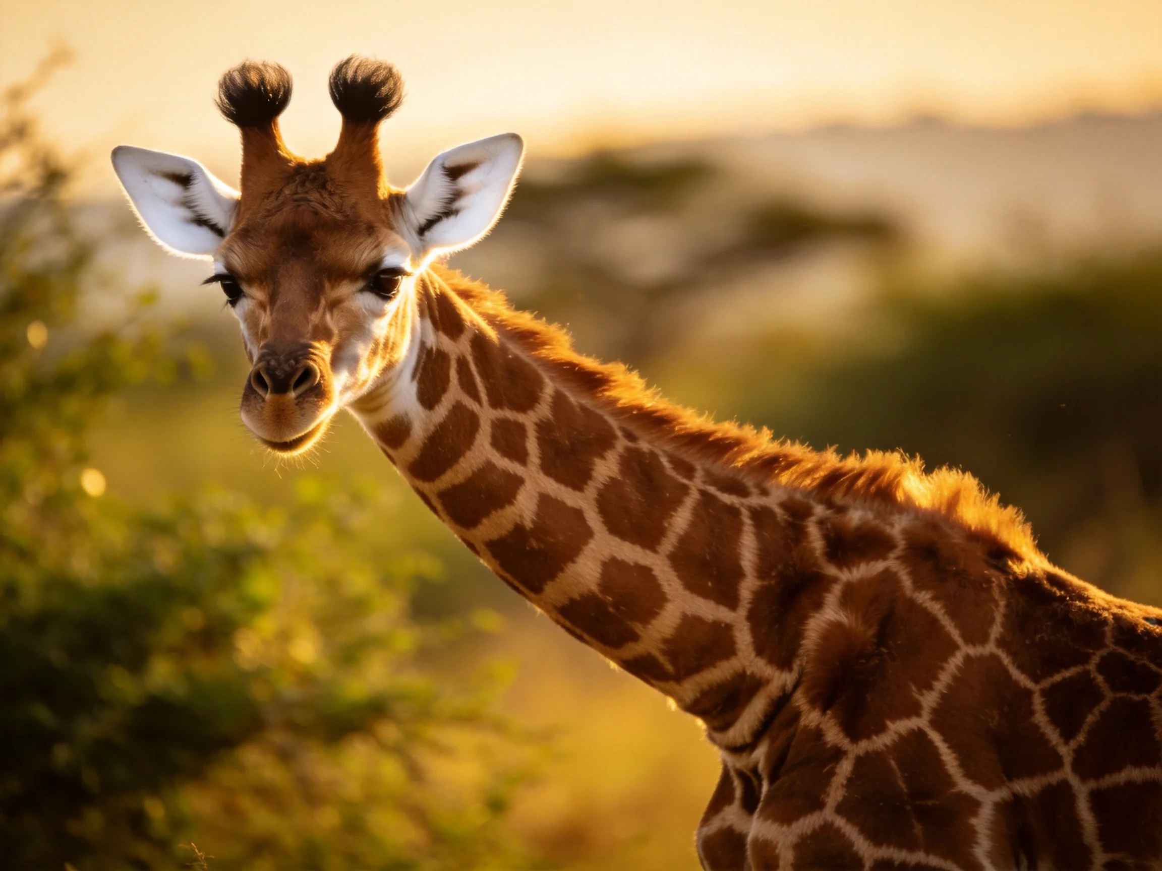 A young giraffe with brown patchwork patterns in golden savannah light