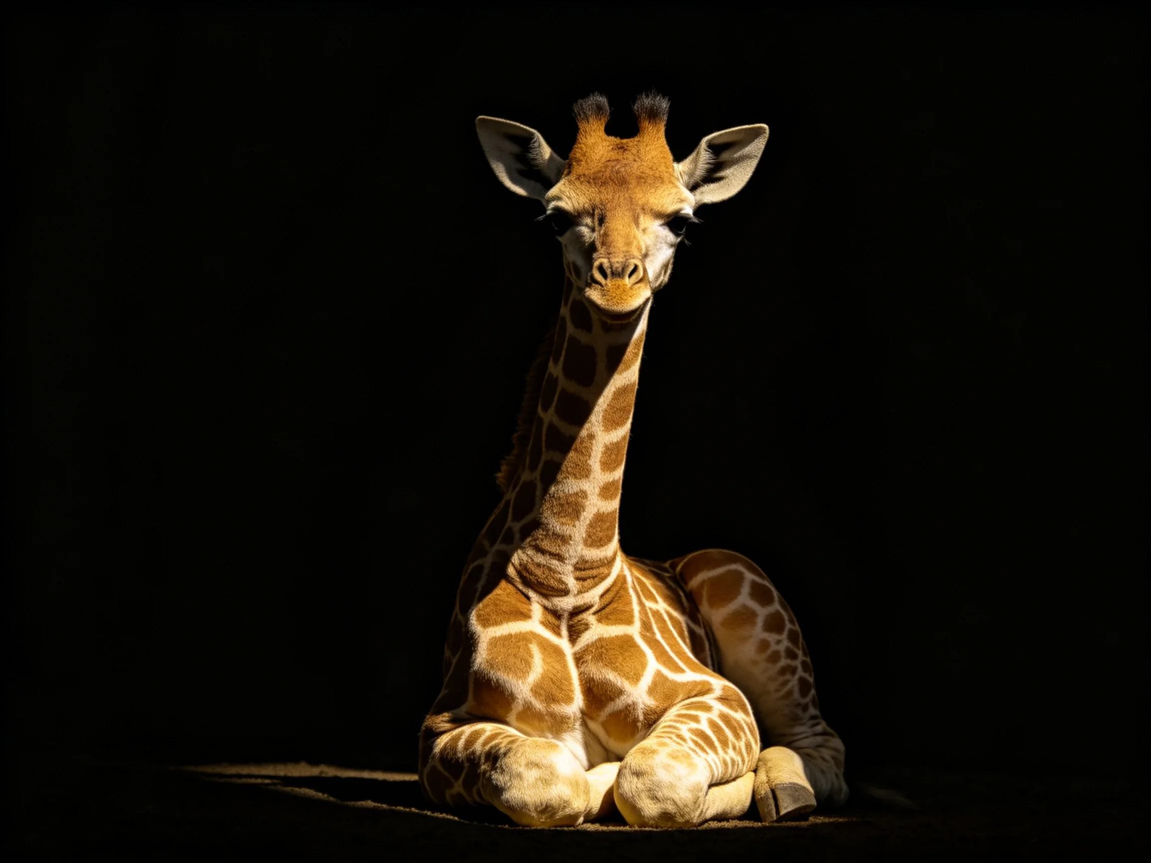 A young giraffe with brown-spotted coat sits against a dark backdrop