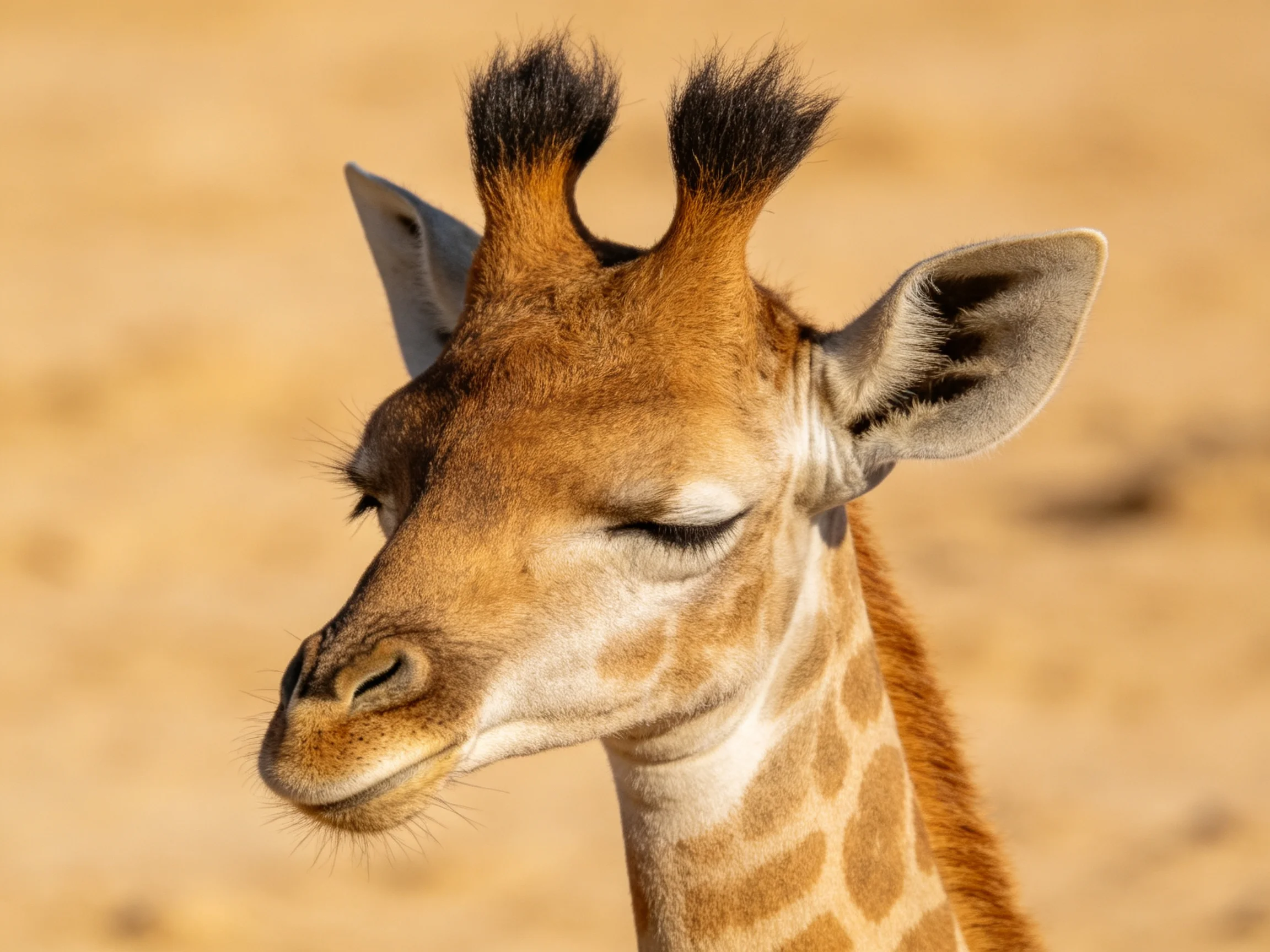 A young giraffe with closed eyes in a sunlit savannah environment