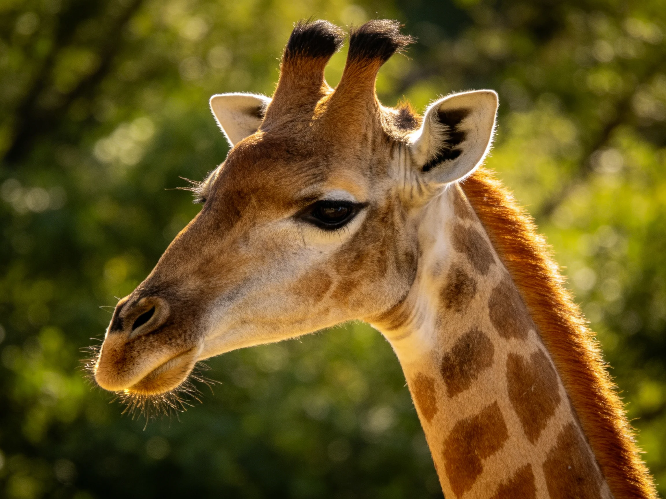 A young giraffe with distinctive brown patch patterns near lush green foliage