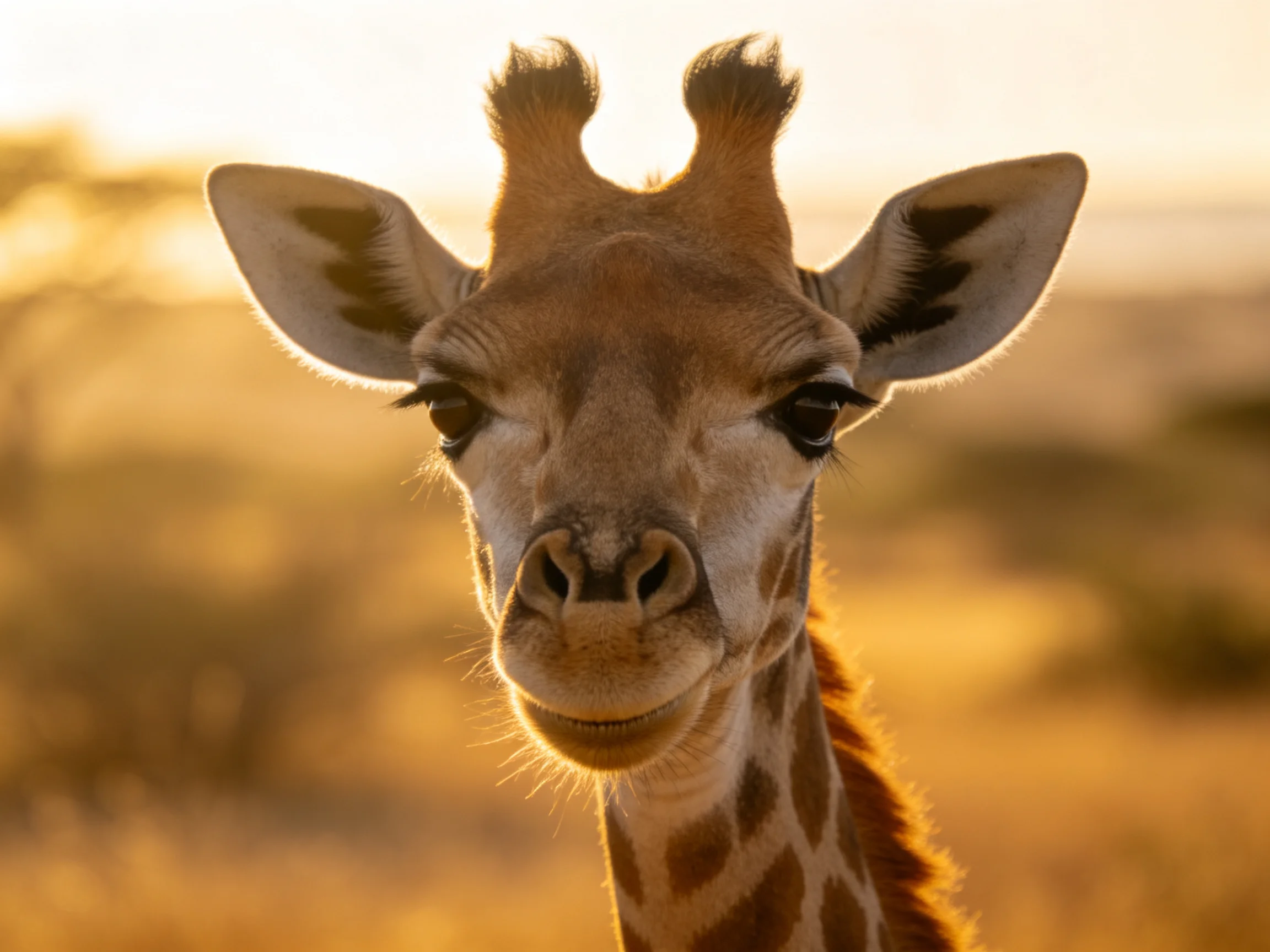 A young giraffe’s close - up with golden savannah backdrop