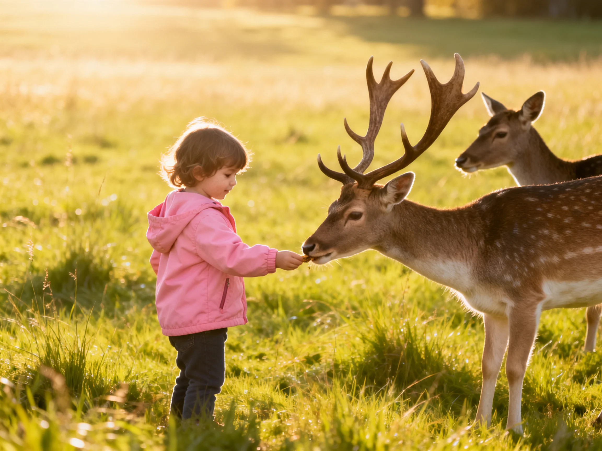 A young girl in pink feeds spotted deer in a sunlit meadow