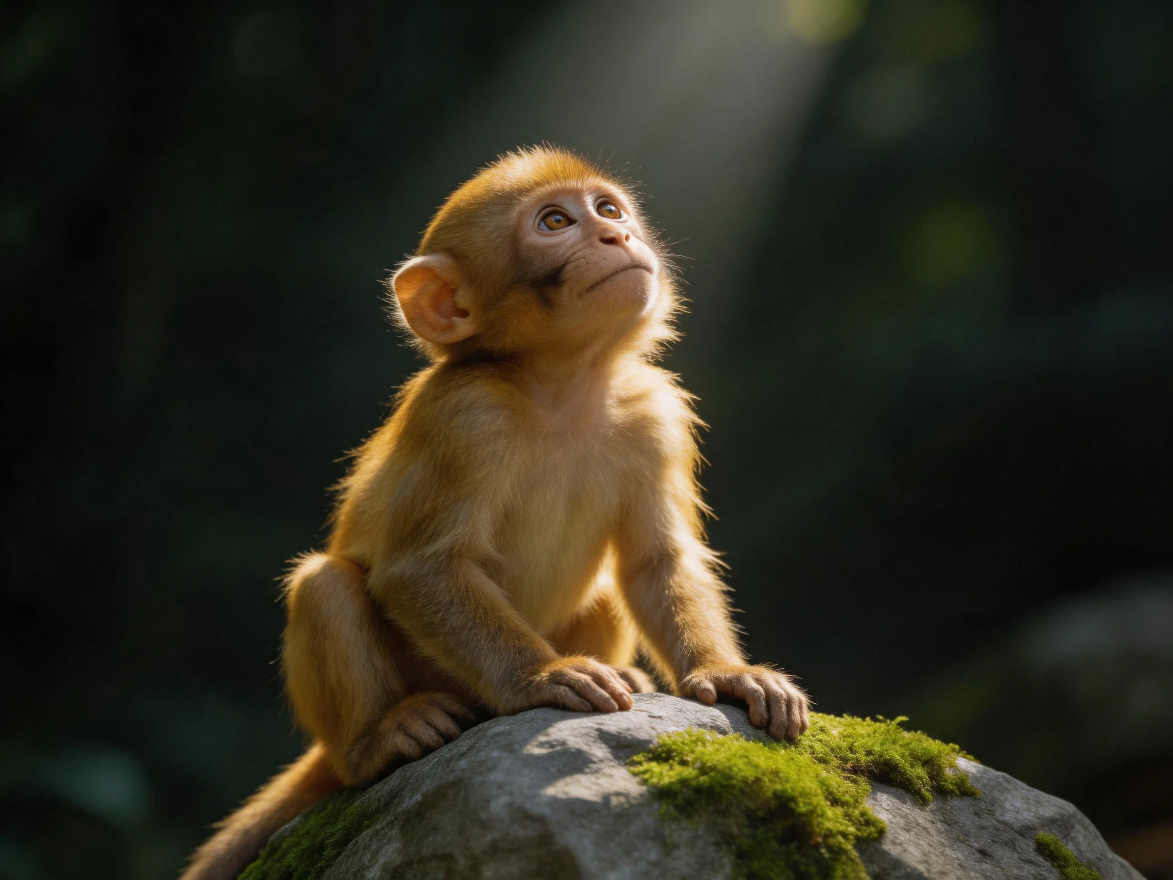 A young monkey perches on a mossy rock, gazing upward in a shadowed forest