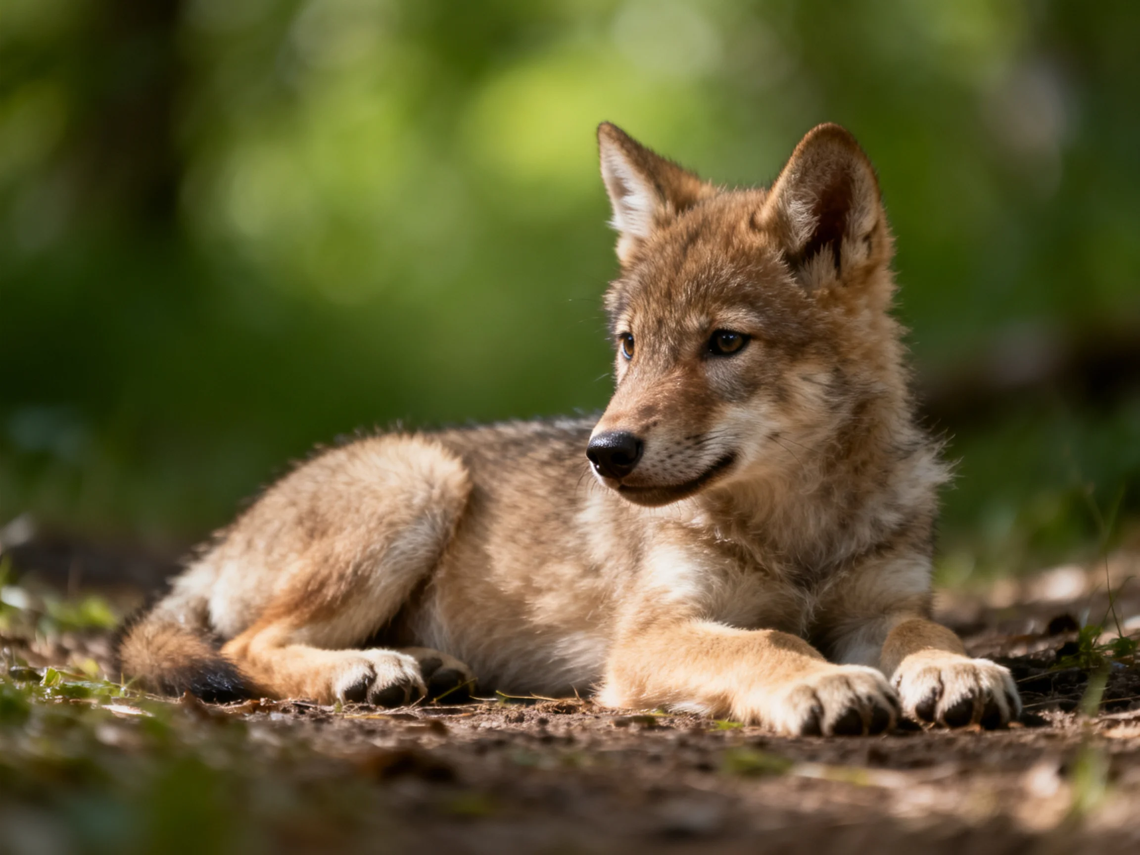 A young gray-brown wolf pup resting in a sunlit forest clearing