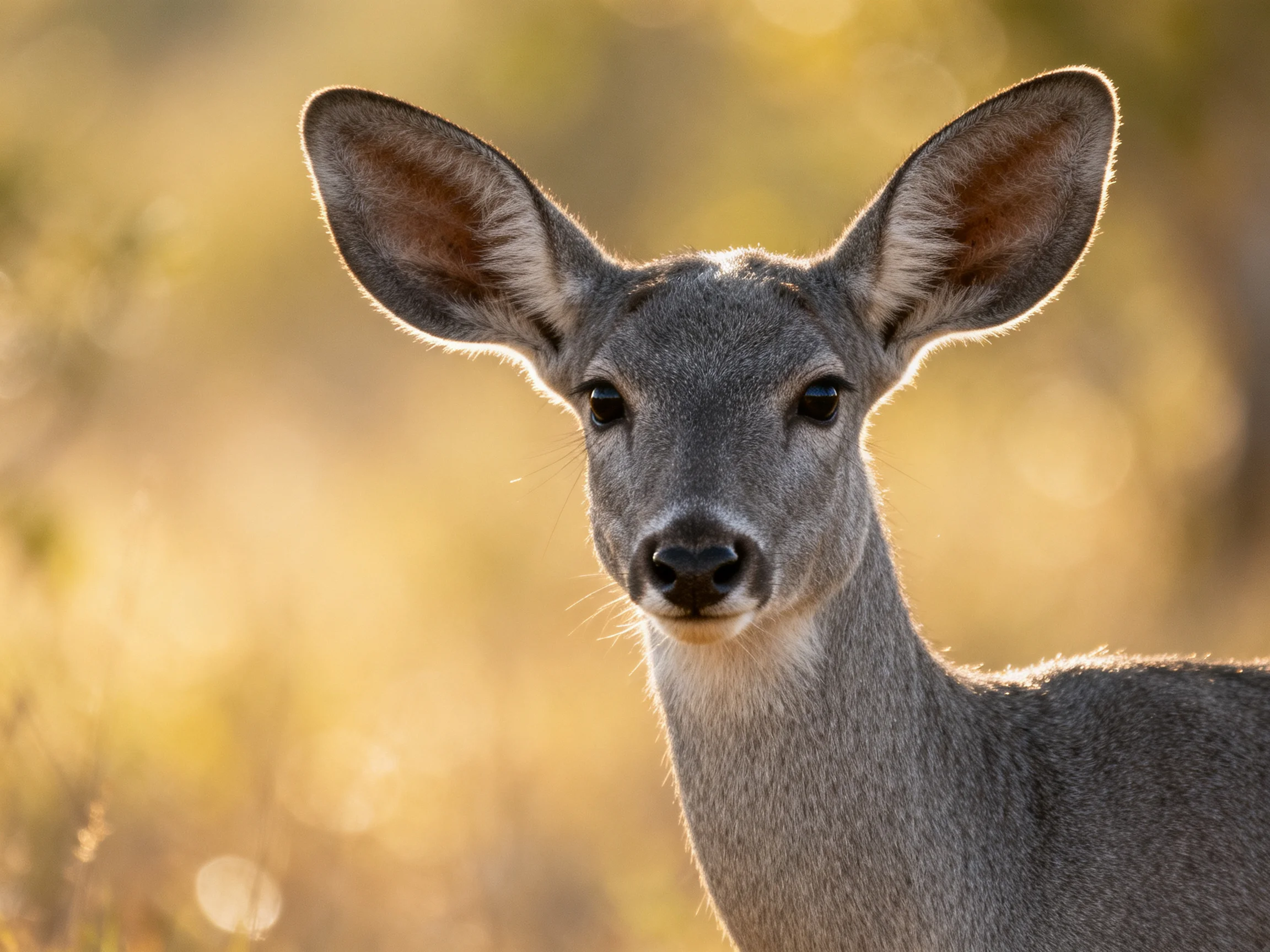 A young gray deer with large ears in a sunlit natural landscape