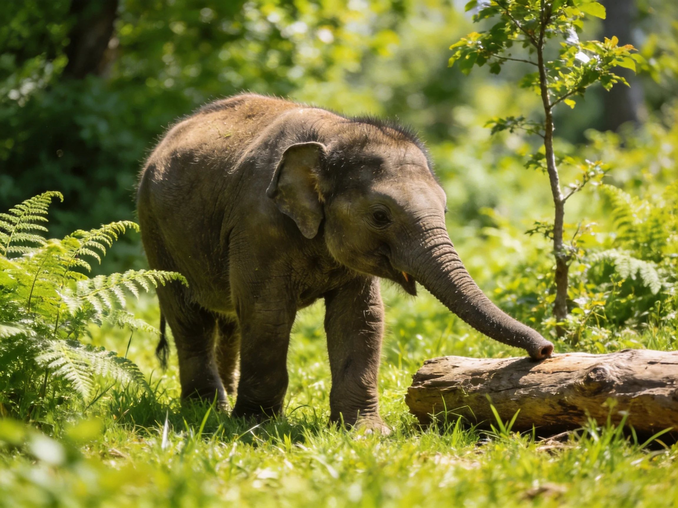 A young gray elephant explores a sunlit forest with ferns near a log