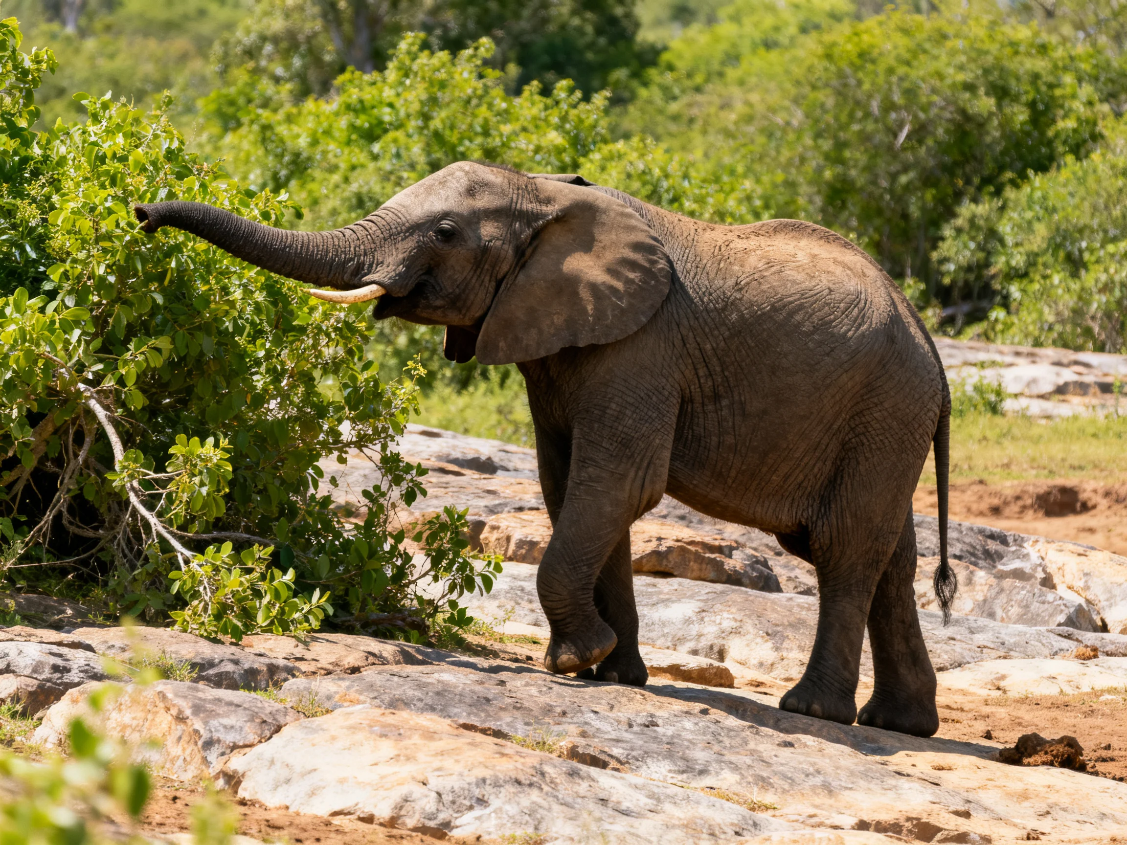 A young gray elephant forages among green bushes on rocky terrain