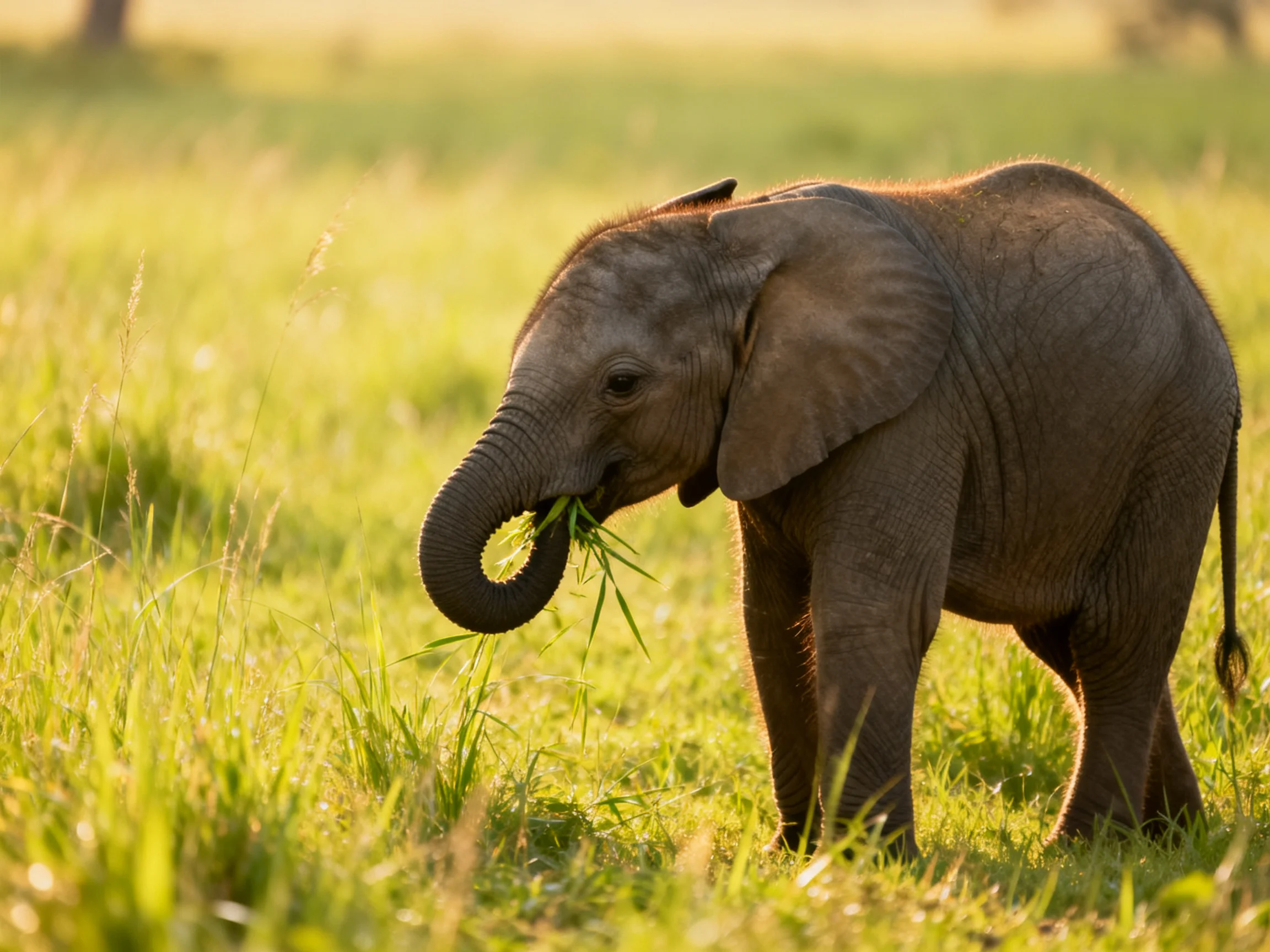 A young elephant feeds on grass in a sunlit open meadow.