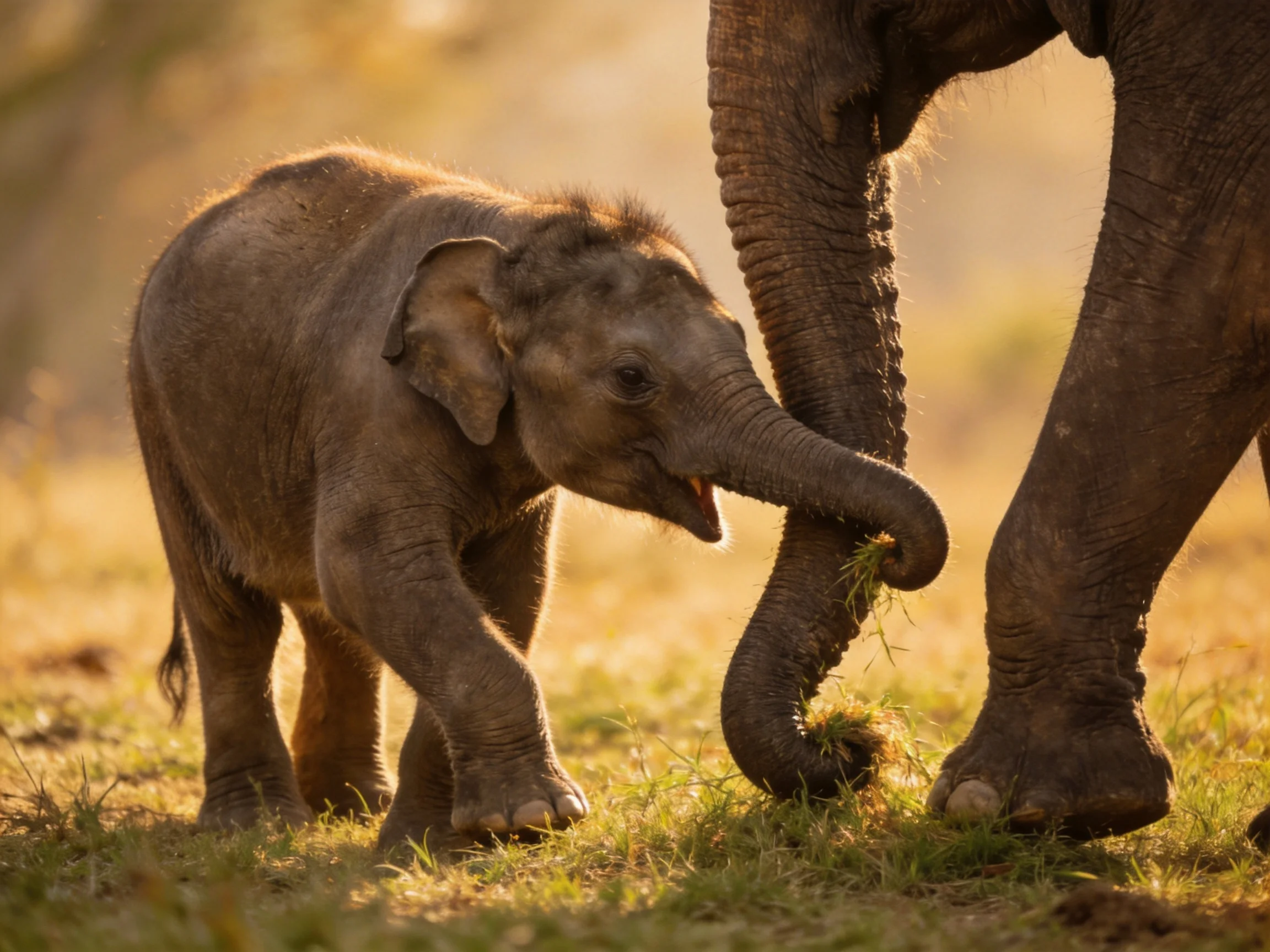 A young gray elephant interacts with an adult elephant in golden light