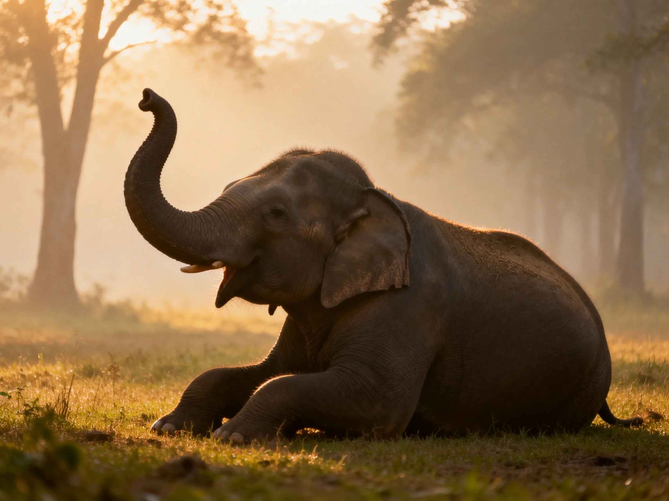 A young gray elephant relaxing in a sunlit forest clearing