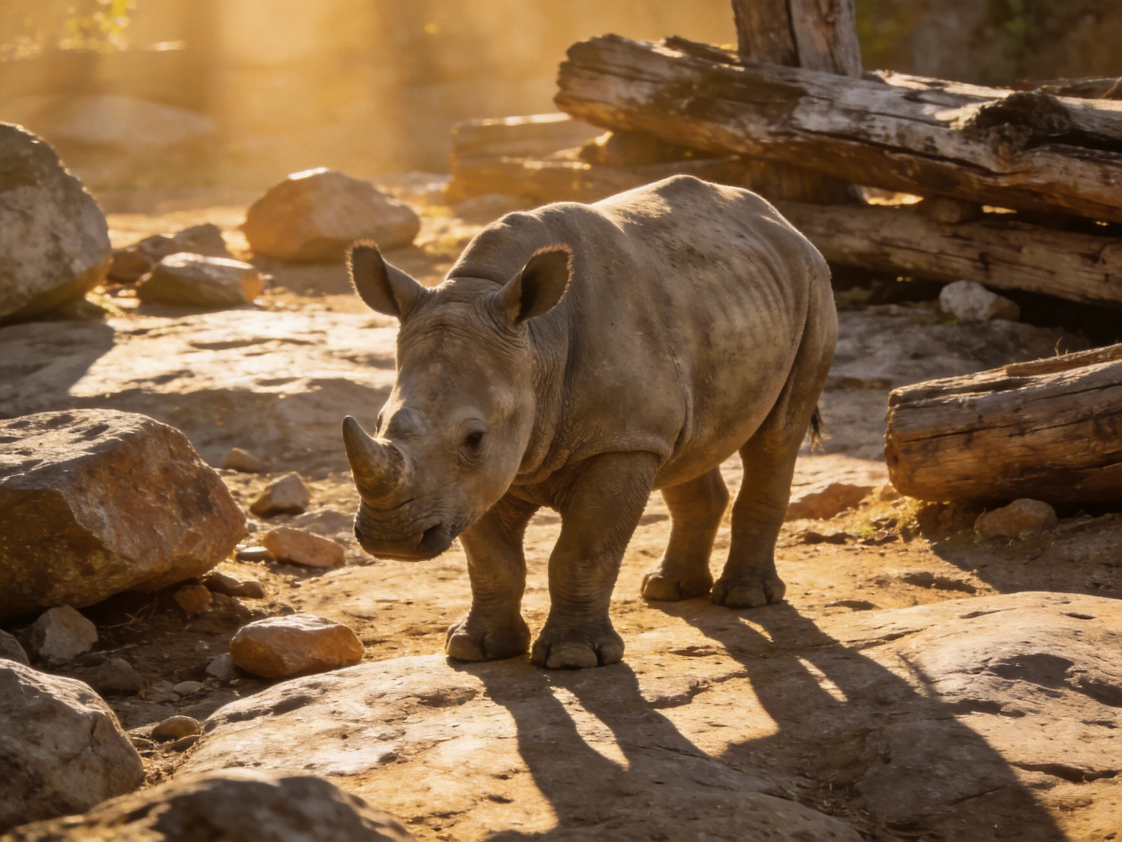 A young gray rhinoceros among scattered rocks and wooden logs in golden light