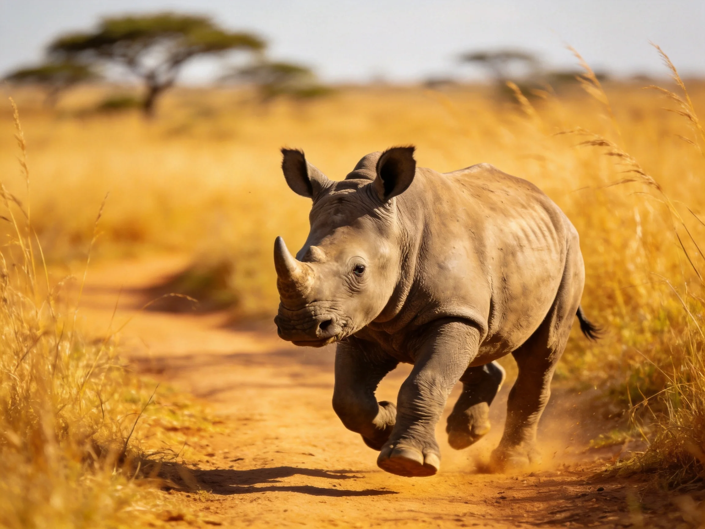 A young gray rhinoceros running on a dusty savannah path