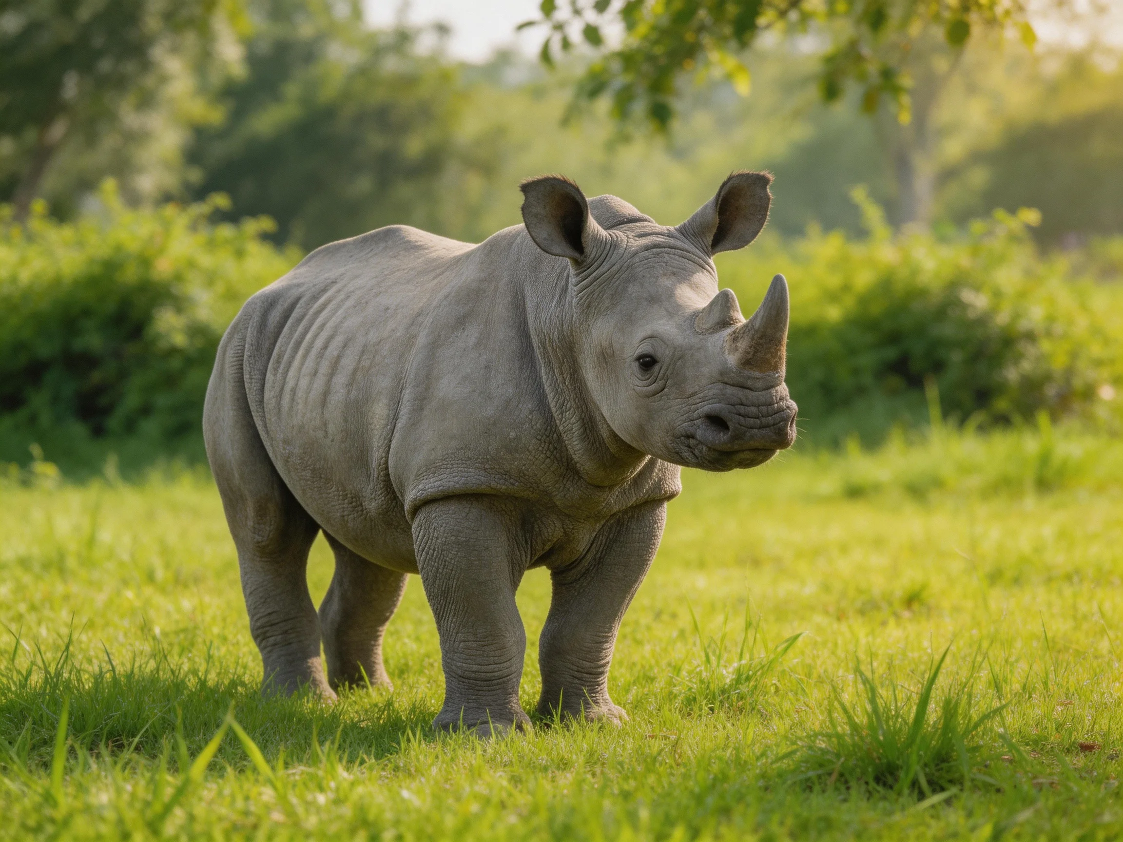 A young gray rhinoceros stands in a sunlit green meadow