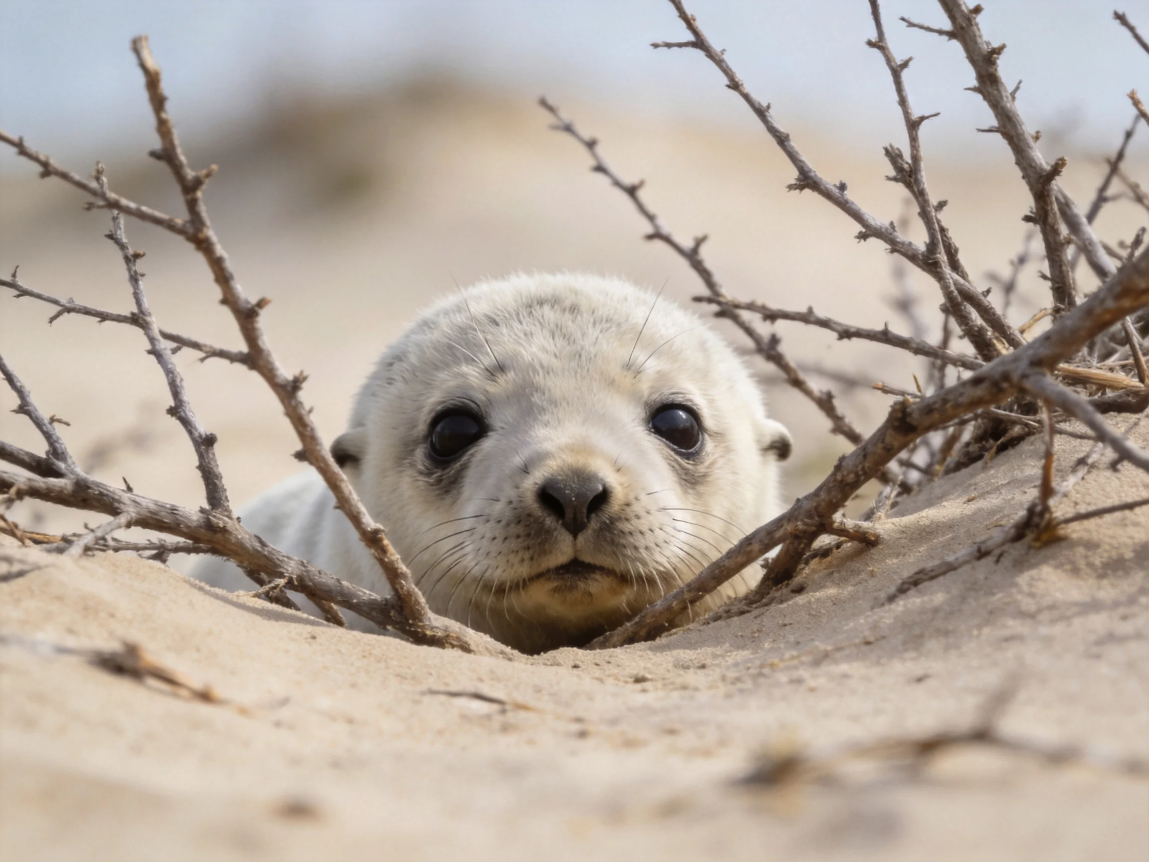 A young gray seal pup peeks from sandy terrain among dry branches