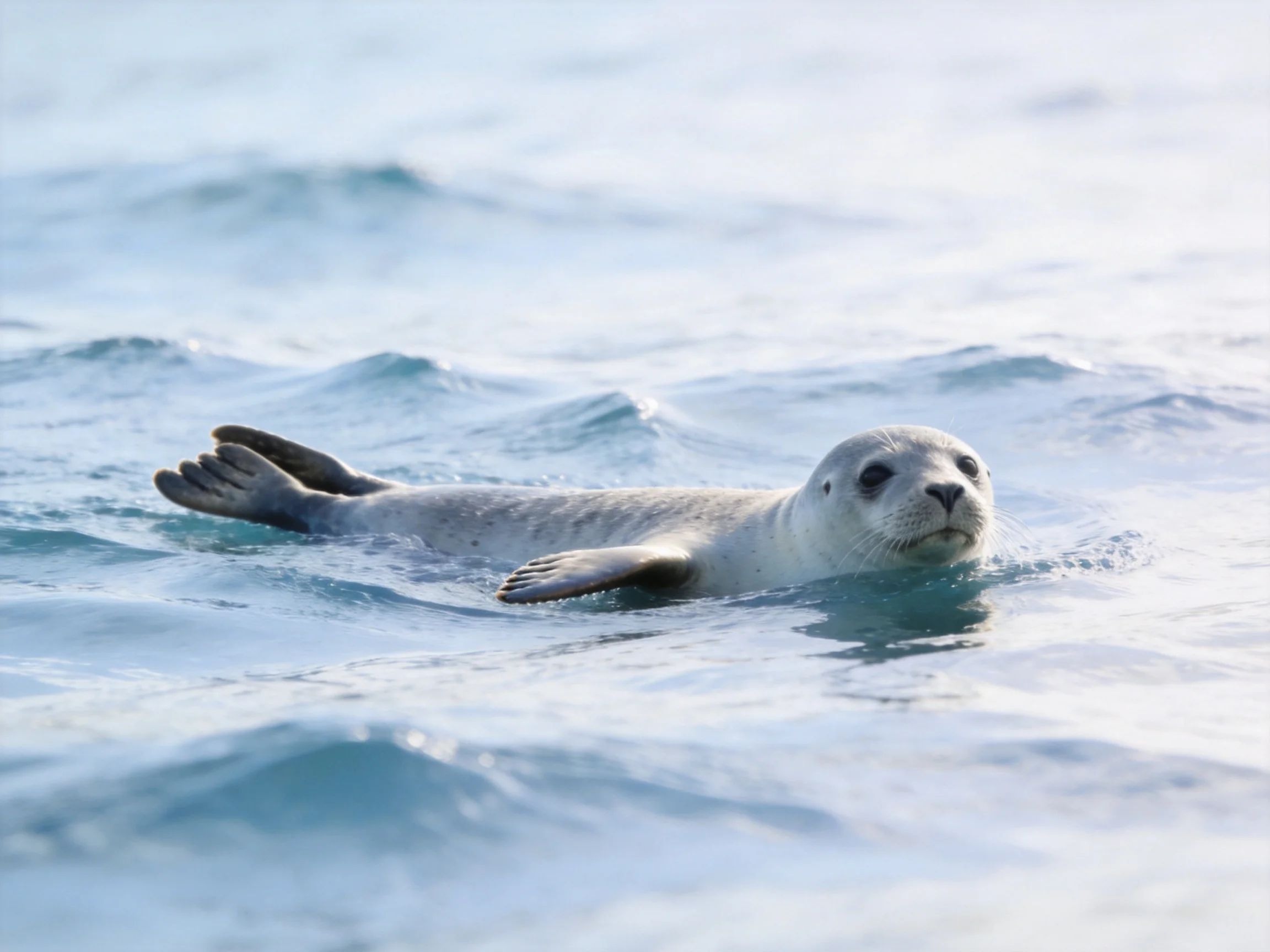 A young gray seal swims in calm blue ocean waters