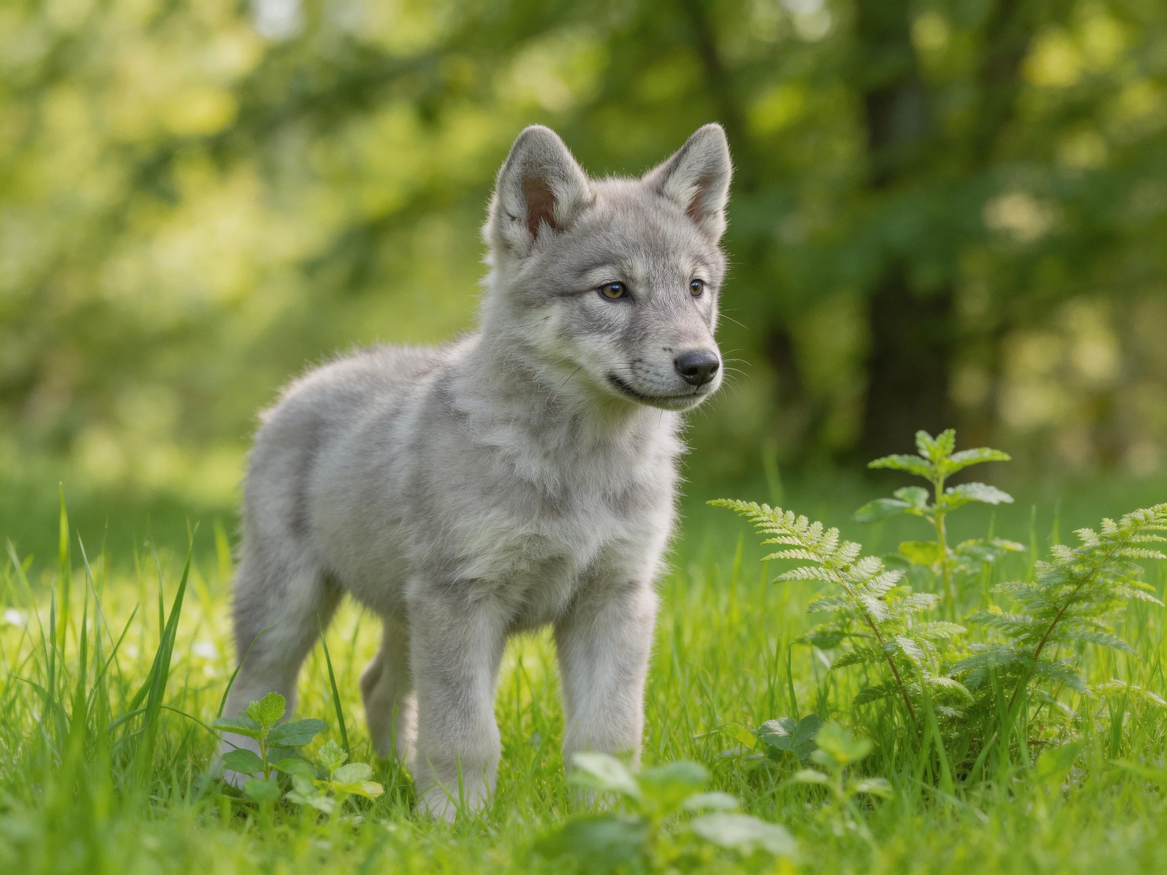 A young gray wolf pup in a sunlit green meadow with ferns