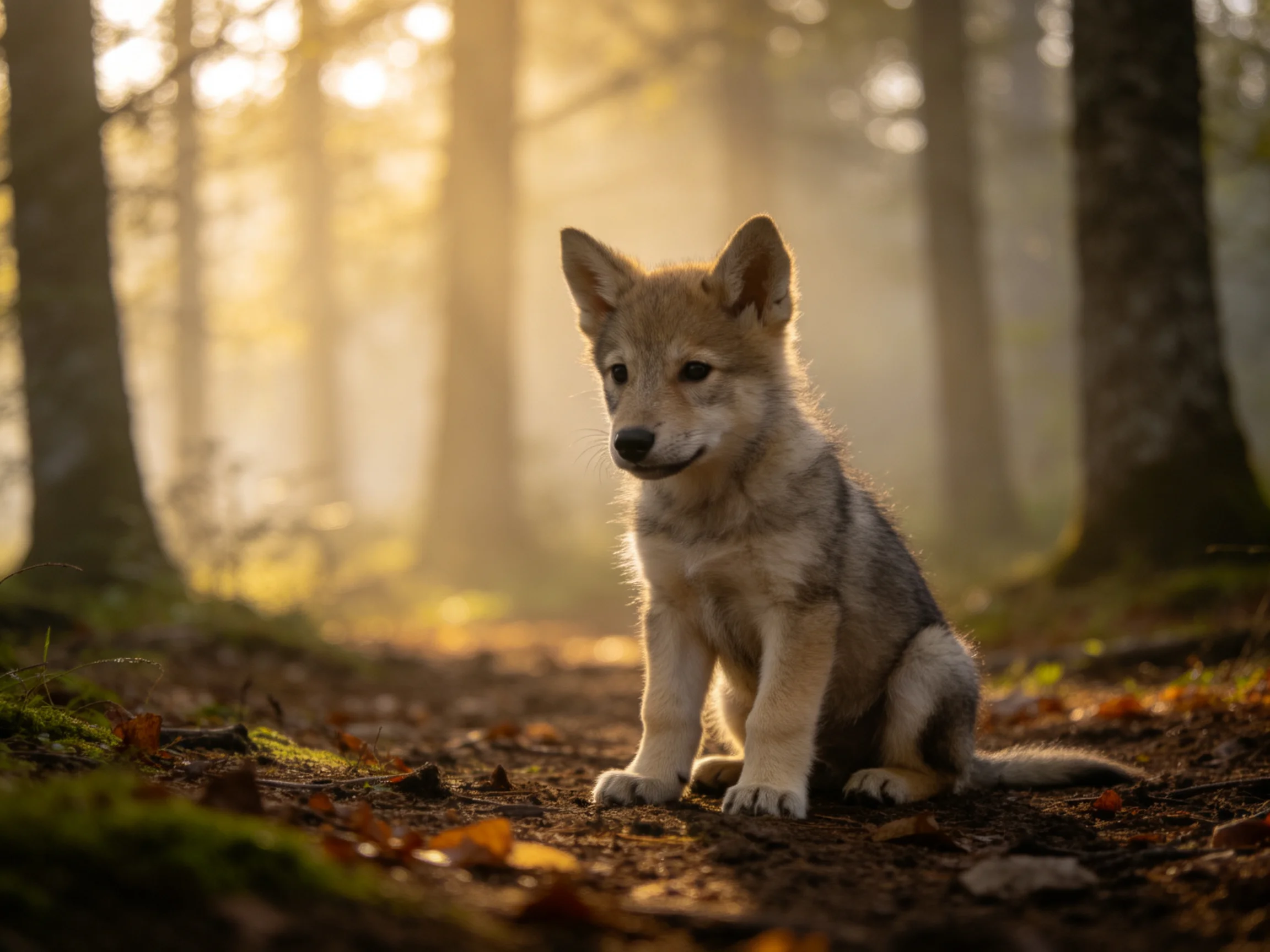 A young gray wolf pup sits in a sunlit forest clearing