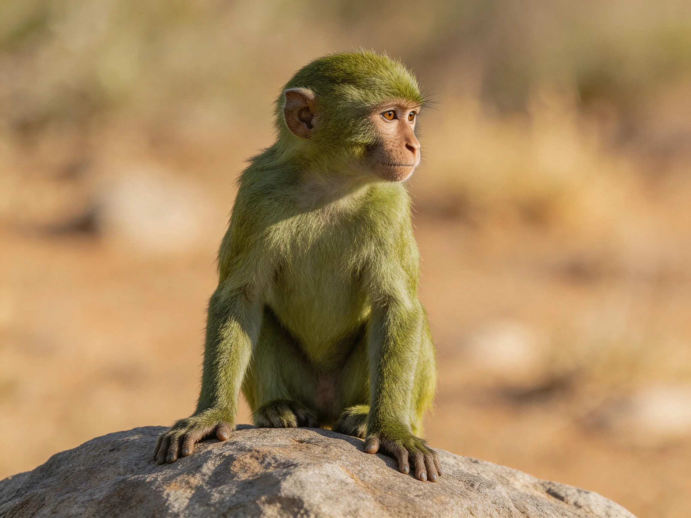 A young green monkey sits atop a large gray rock in a sandy, open area