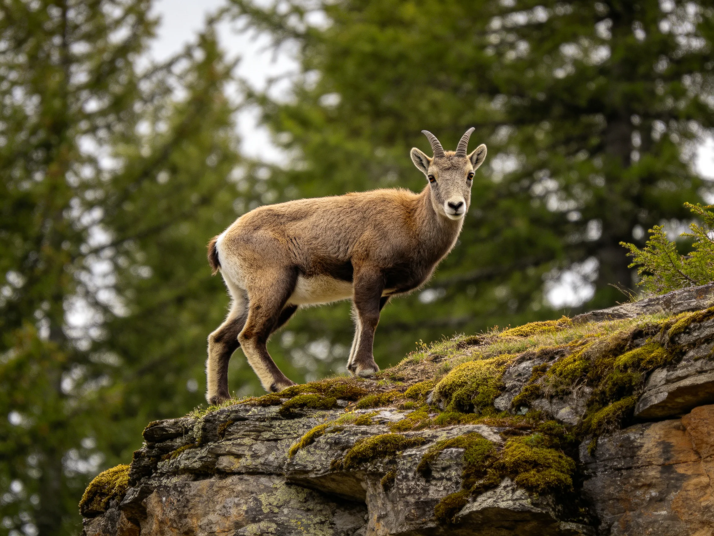 A young ibex stands alert on a mossy rocky ledge with evergreen trees behind