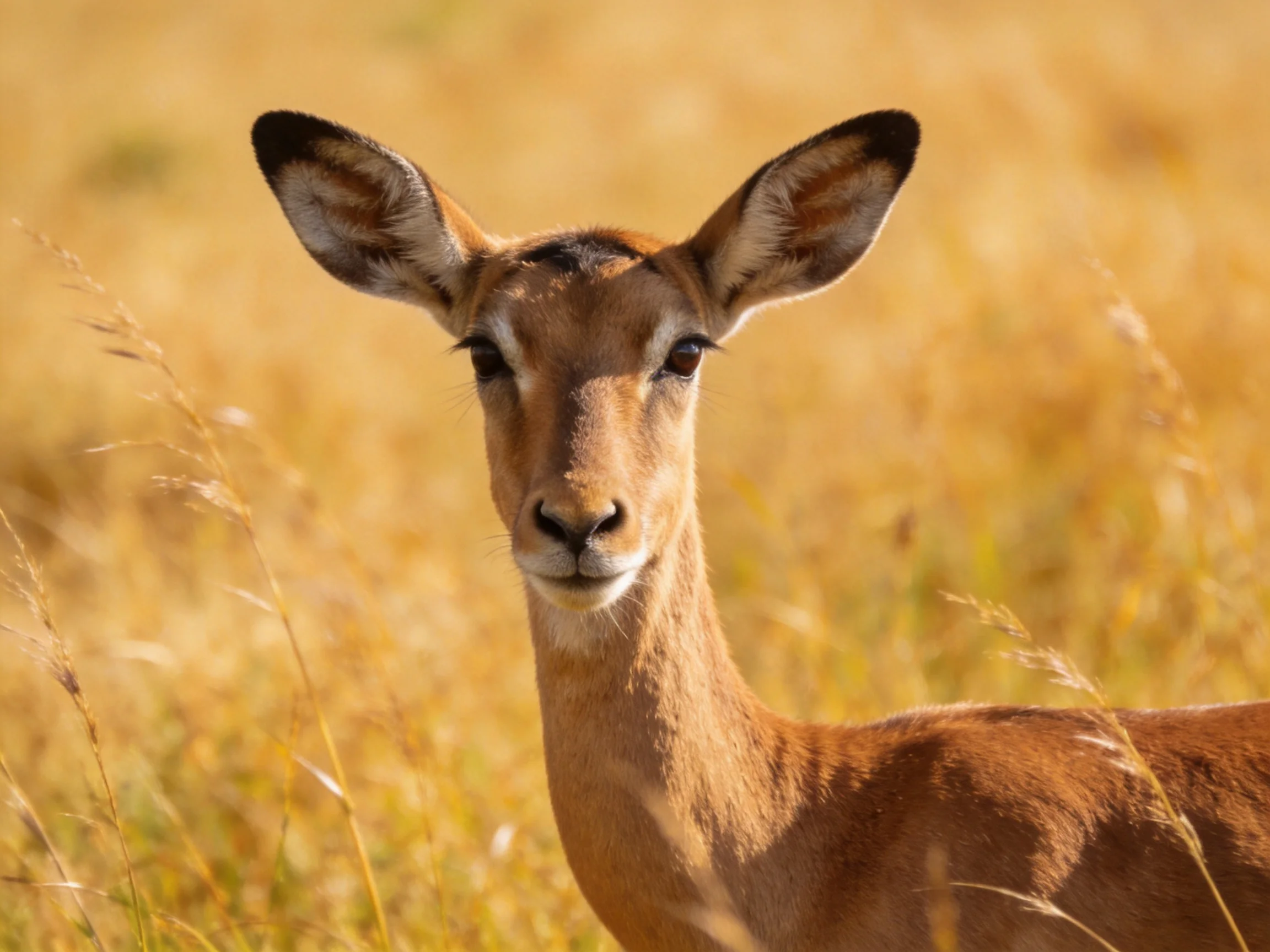 A young impala gazes amid tall golden savannah grass