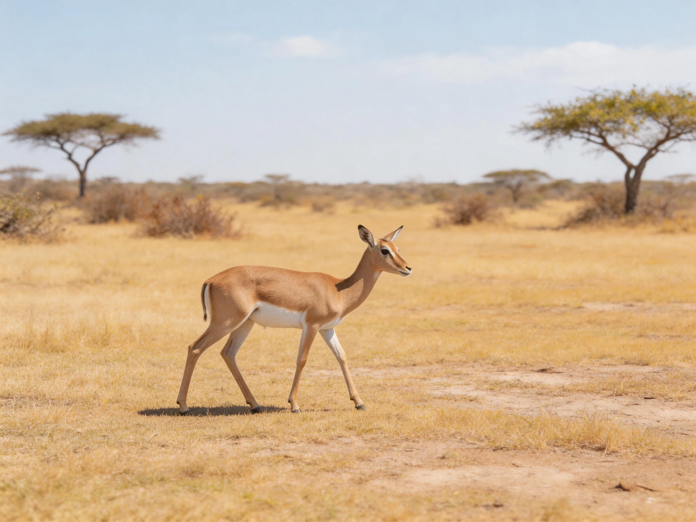 An antelope walks across a dry savannah with distant trees.