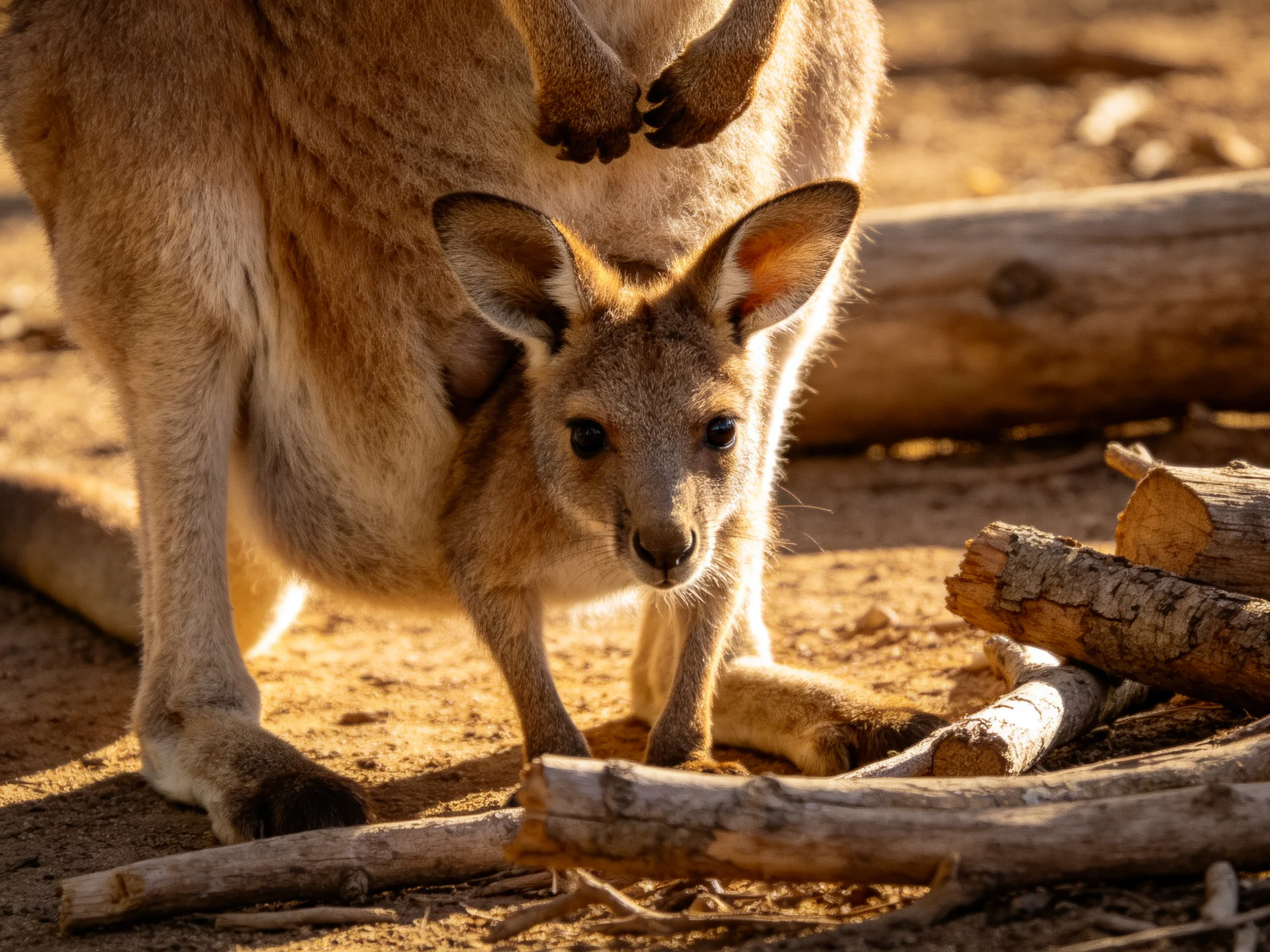 A young kangaroo joey stands beside an adult kangaroo near wooden logs on sandy ground