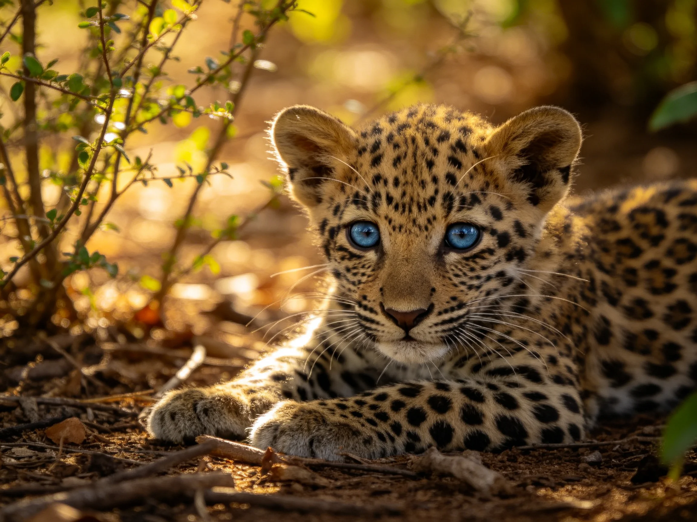 A young leopard cub rests amid foliage with bright blue eyes