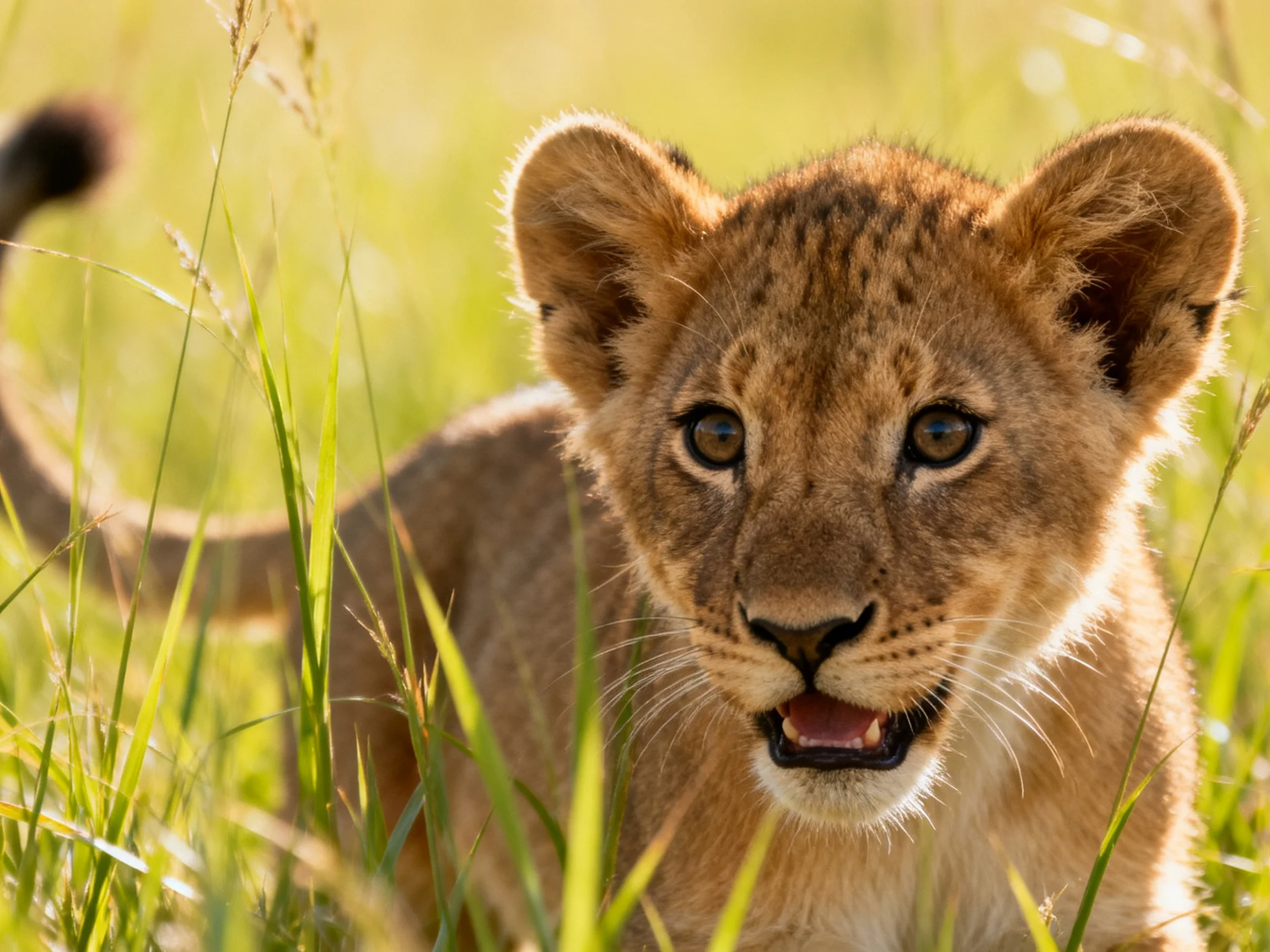 A young lion cub is among tall grasses in a sunlit setting.