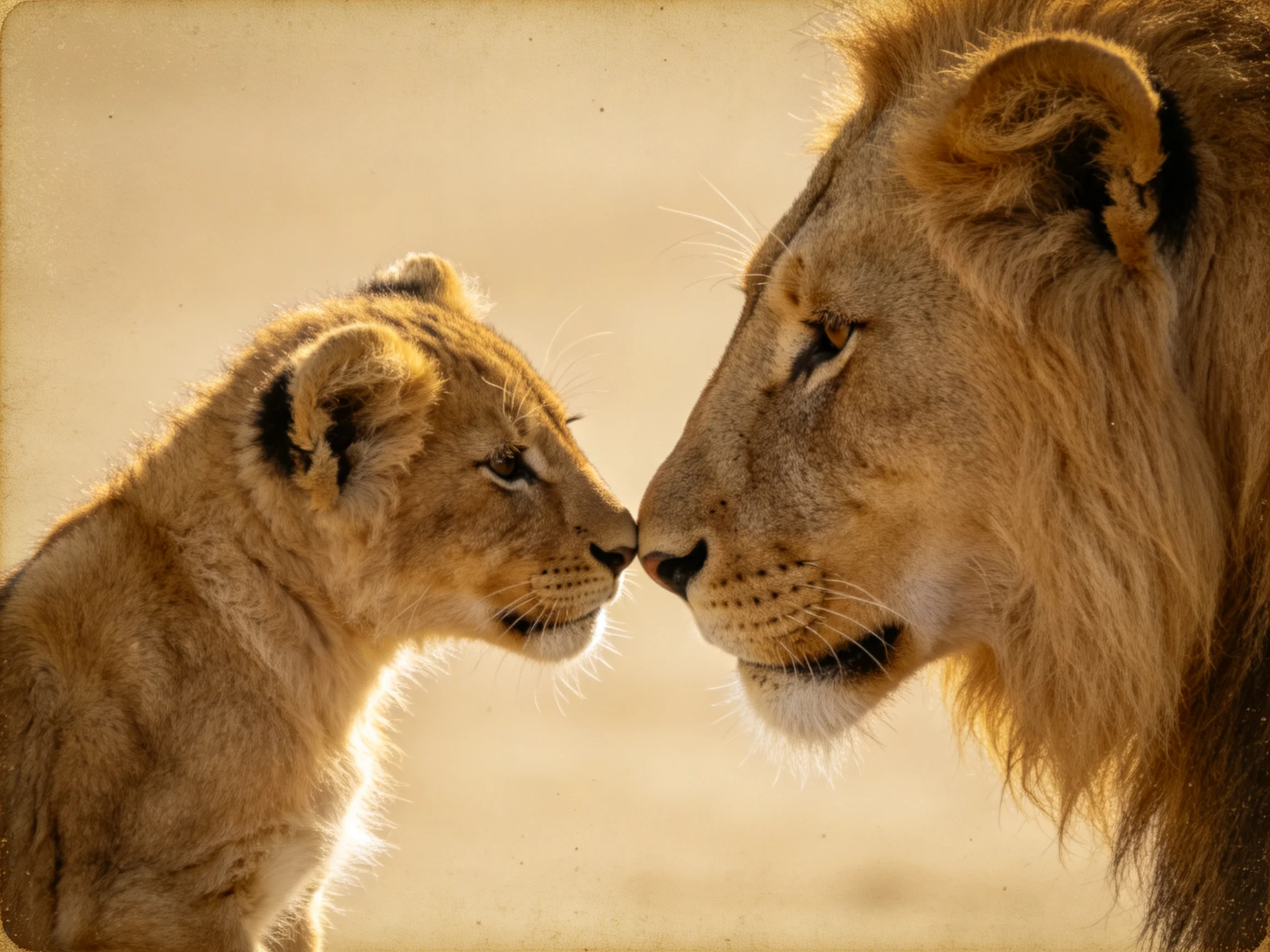 A young lion cub and mature lion share a tender nose-to-nose moment in golden savannah light