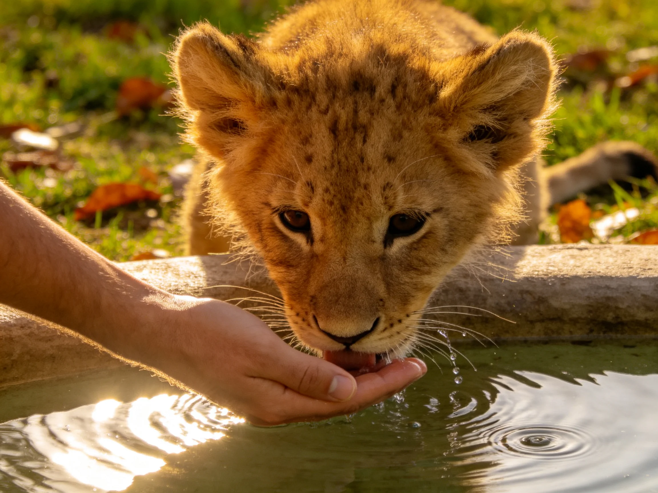 A young lion cub drinks from a human hand near a small pond