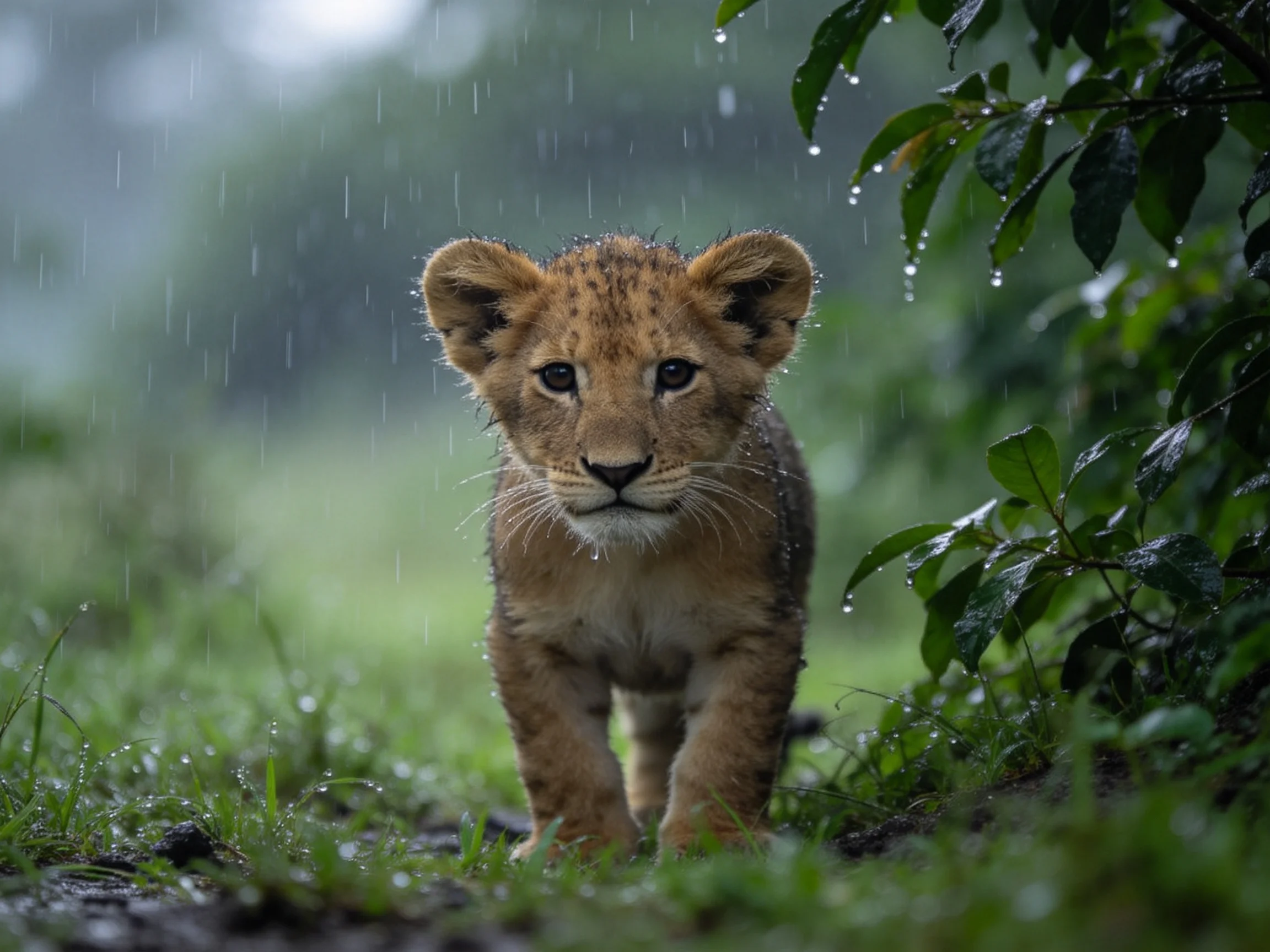 A young lion cub explores a rainy, lush green landscape